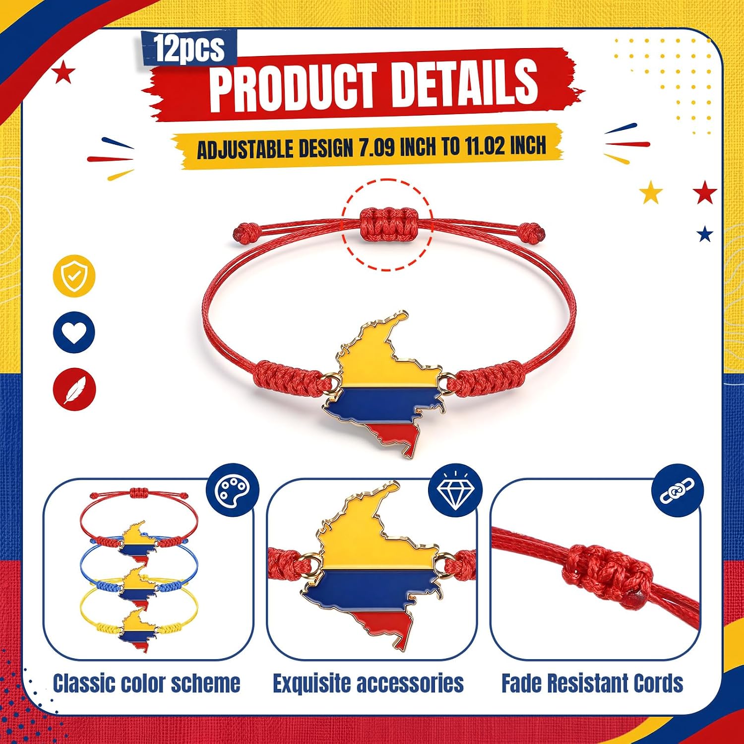 Konohan Colombia Bracelet Colombian Flag Adjustable Cord Bracelets Colombian Pride Jewelry Bulk Party Favors for Parade Party Family Gathering Gift(24 Pcs)
