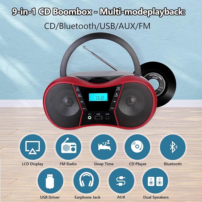 Boombox reproductor de CD portátil rojo miniatura 8
