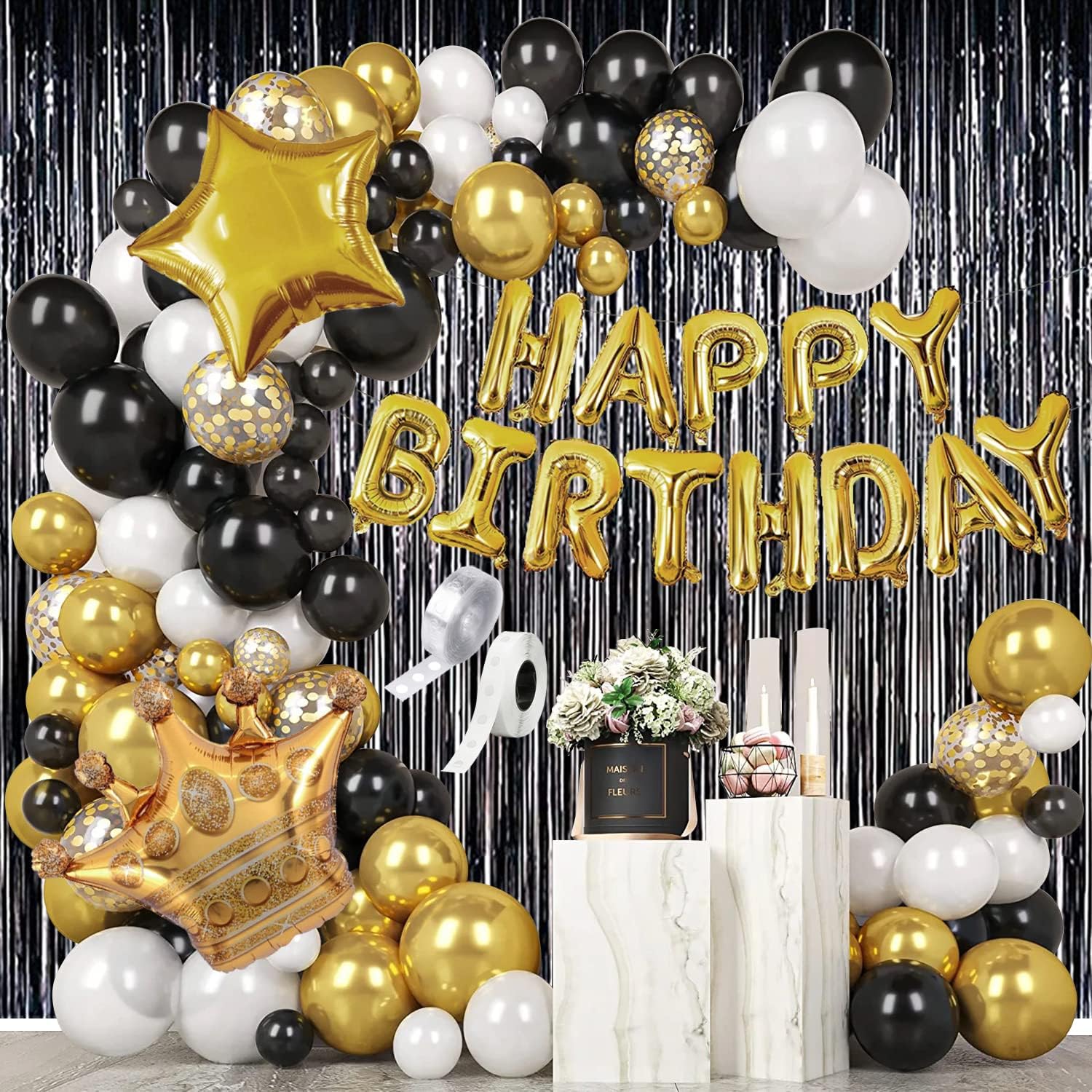 Party Propz Happy Birthday Decoration Kit- 56Pcs, Golden Happy Birthday Foil Balloon, Happy Birthday Banner, Foil Curtain,Black,Gold & White Balloons For Decoration