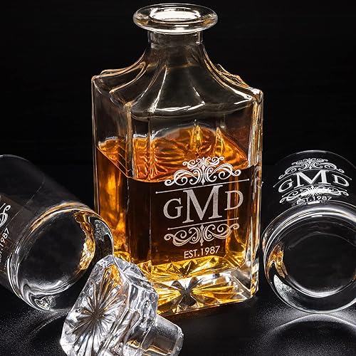 Miniatura 6 de Juego de decantador de whisky personalizado, botella de whisky de vidrio personalizada de 25.4fl oz, regalo de cristalería grabado para él, papá,