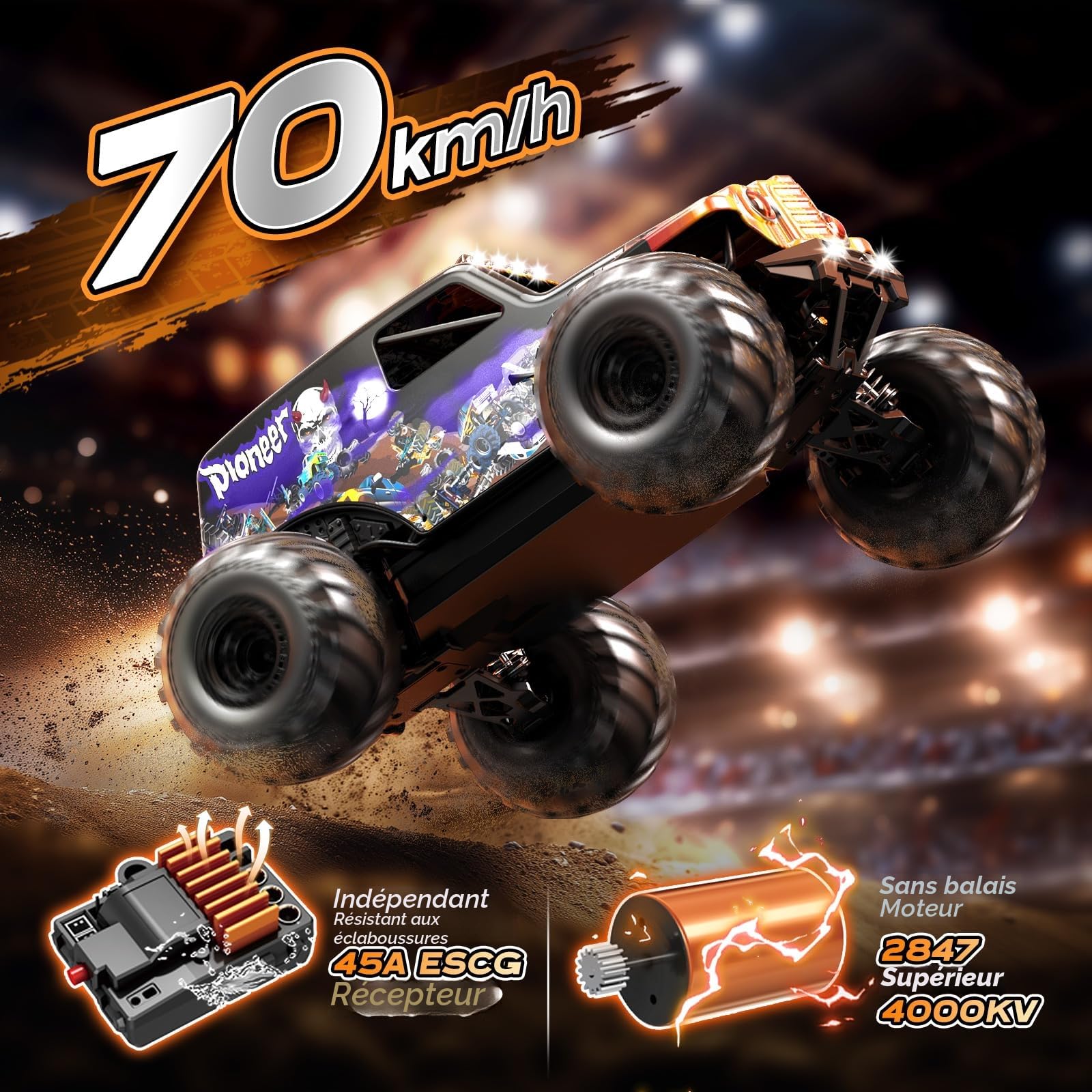 Voiture Télécommandée Adulte Brushless 1:14, 4x4 Tout Terrain 70 km/h avec Amortisseurs à Huile, Voiture RC Haute Vitesse avec 2 Batteries 3S LiPo 1200 mAh et Émetteur 2.4GHz