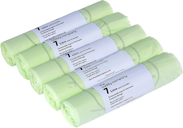 7L x 250 Tie Handle Compostable Kitchen Caddy Liners - Food Waste Bin Liners - EN 13432 - 7 litre Bags