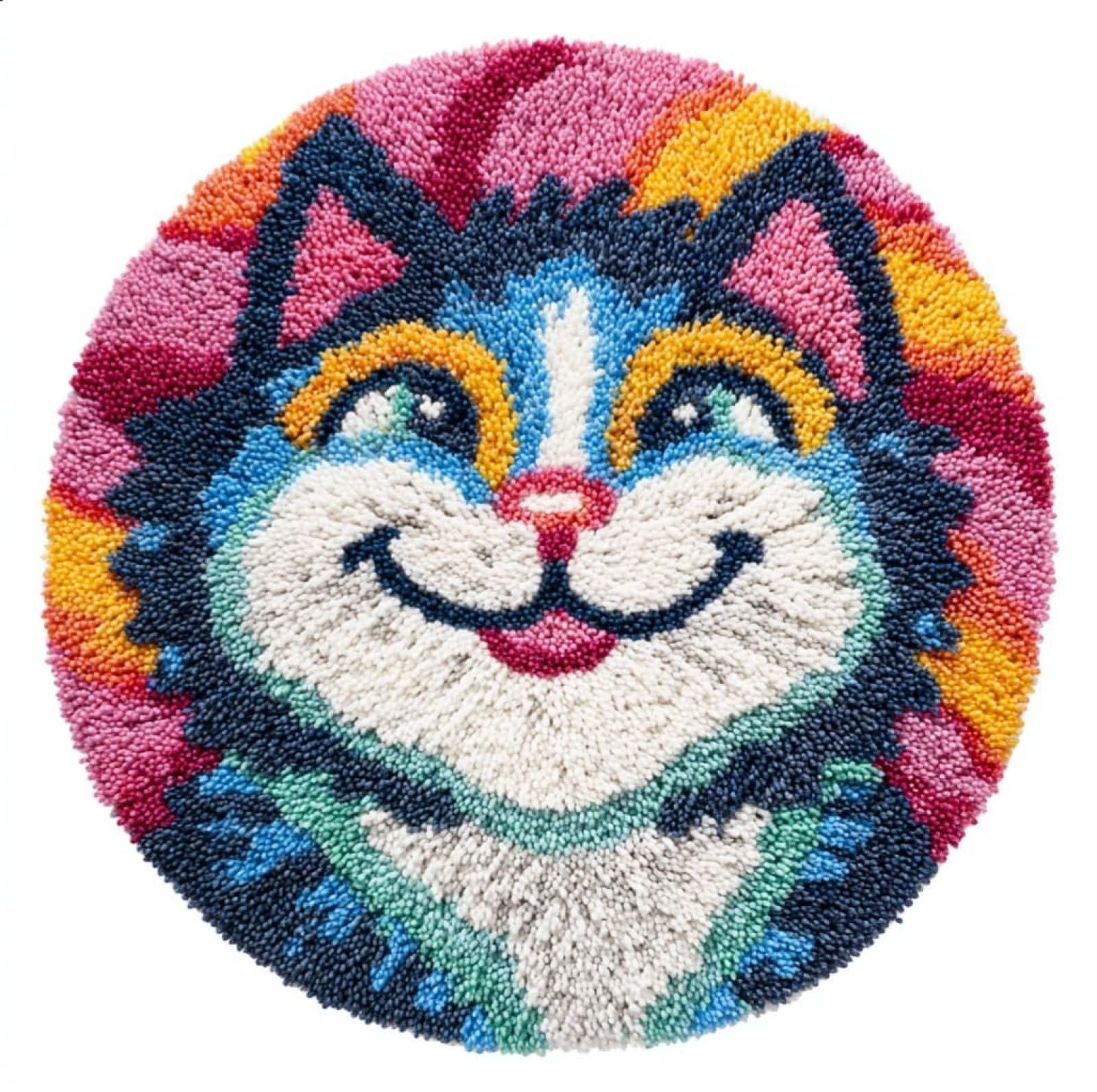 WallustrioaW DIY Latch Hook Rug Making Kit for Adults Kids,Smiling Cat,Handmade Rug Crochet Yarns DIY Door Mat Kits for Home Decor Festival Gift,50x50cm