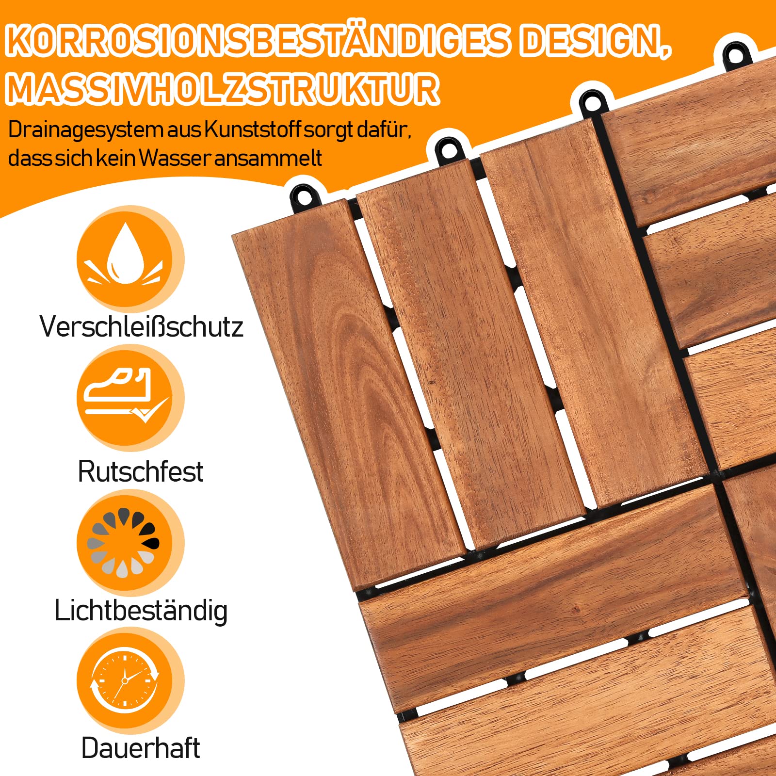 Eulenke Holzfliesen Terrassenfliesen aus Akazien Holz, 5m², 55 Stück Gartenfliesen 30 x 30 cm, Klickfliesen Terrassenfliese 12 Latten Fliese für Garten, Terrasse, Balkon