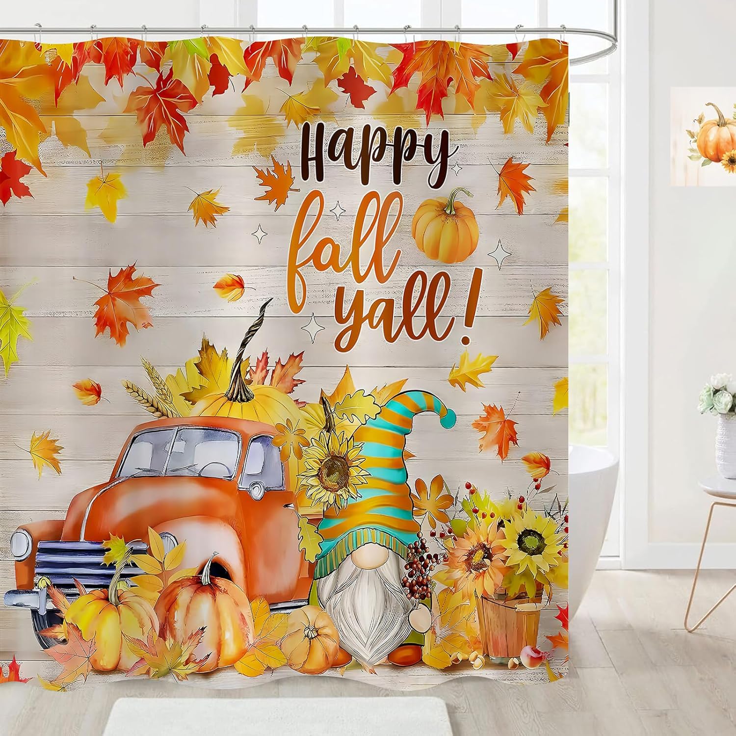 Happy Fall Gnome Truck Shower Curtain, Autumn Maple Leaves Pumpkin Harvest Thanksgiving Bathroom Curtains Waterproof Fabric Bath Curtain 72x72 Inch with 12 Hooks