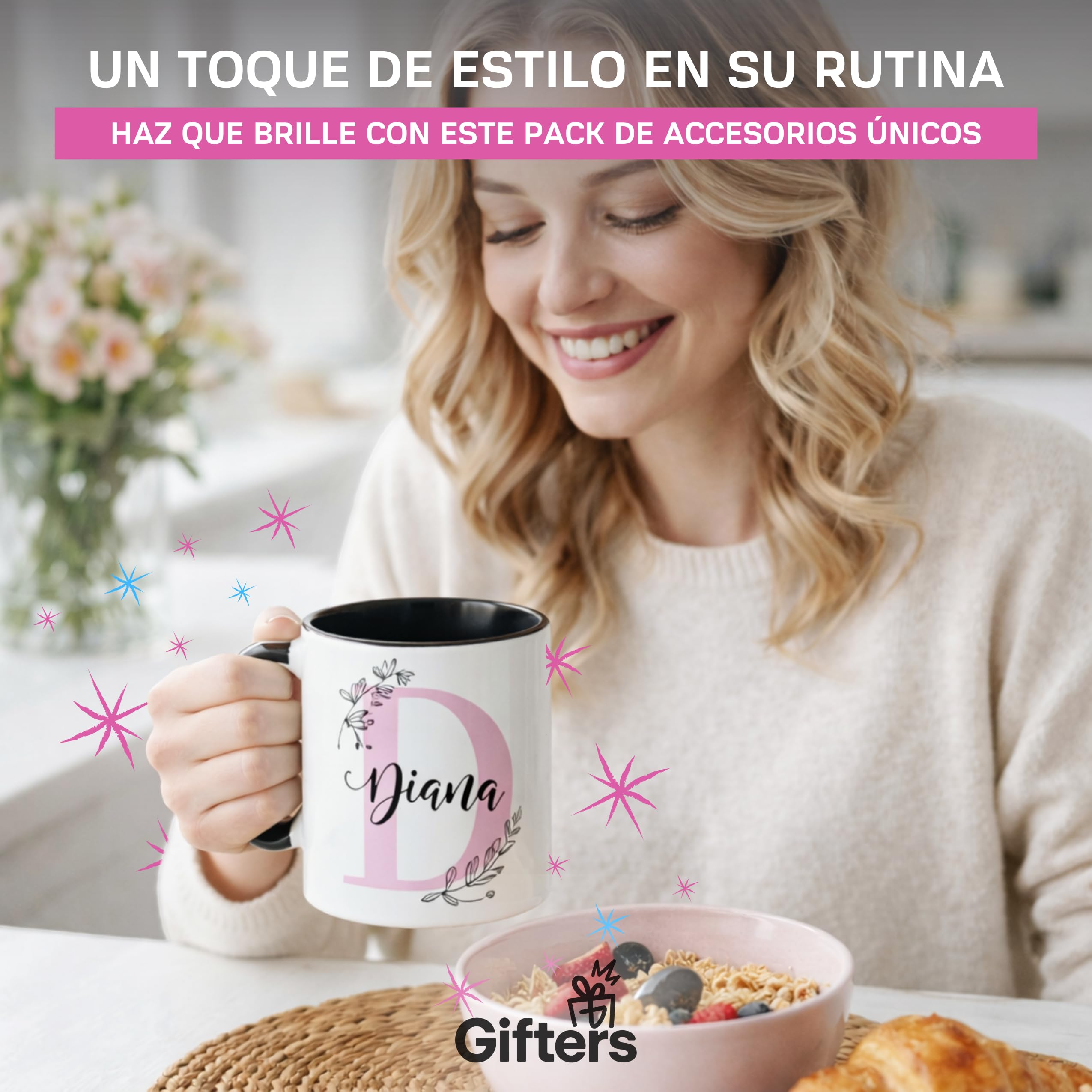 Gifters | Bolsa Tote, Taza 325ml y Botella Acero Inox 750ml | Diseño Floral con Inicial y Nombre | Shopper, Tote Bag con Cremallera | Pack Regalo Personalizado Original Mujer, Amiga, Niña o Madre