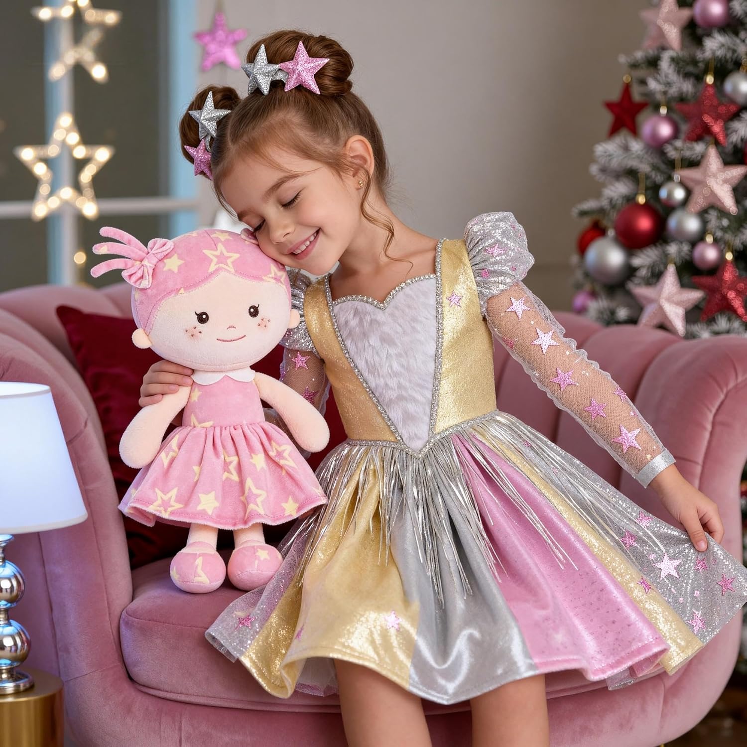 Onetoo First Baby Doll Plush Baby Girls Dolls Rag Doll Soft Baby Doll for Girls Sleeping Cuddle Buddy Doll Wear Star Pink Sleeveless Dress 14" - Image 9