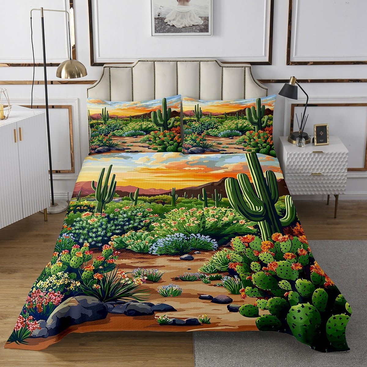 jejeloiu Western Cactus Coverlet Set Boho Succulent Bedspread Botanical Quilted Coverlet for Women Men Room Decor Green Plants Quilted Queen Size with 2 Pillow Case