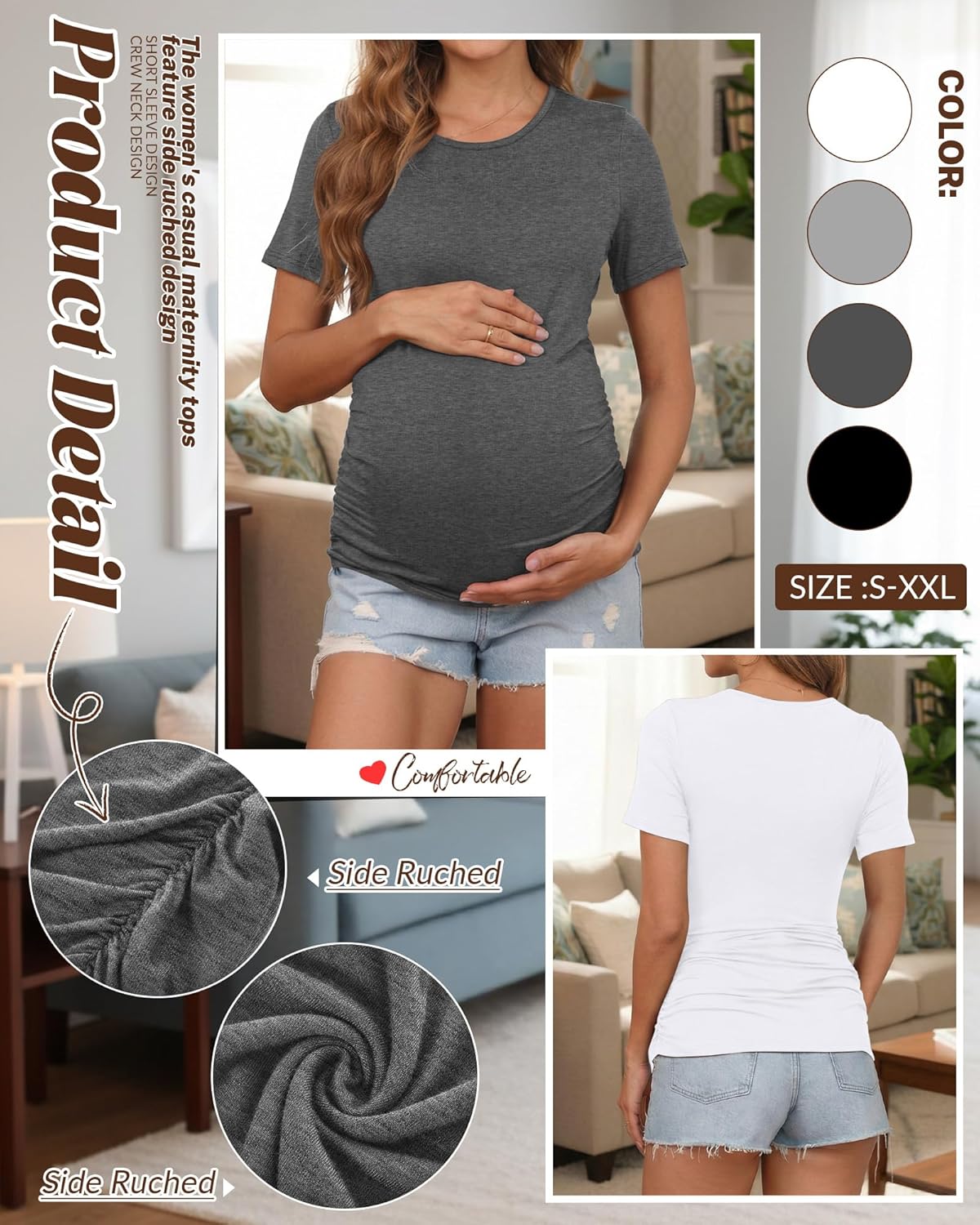 Huukeay 4 Pack Women's Maternity Shirts, Crew Neck Maternity Top Short Sleeve Casual Cotton Tee Side Ruched Pregnancy Clothes - Image 5