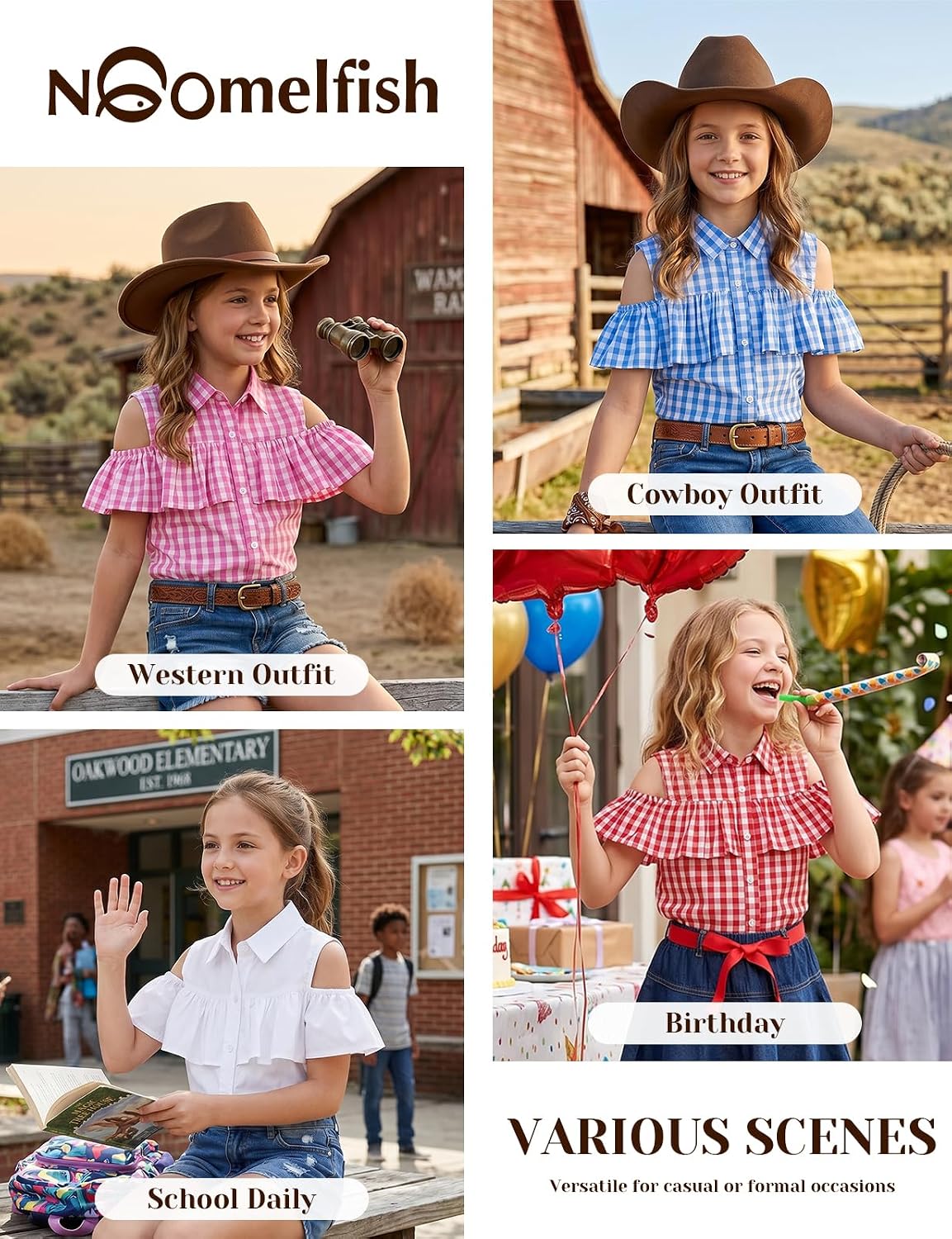 Noomelfish Girls Ruffle Cold Shoulder Top Blouse Short Sleeve Button Down Shirts (4-12 Years)