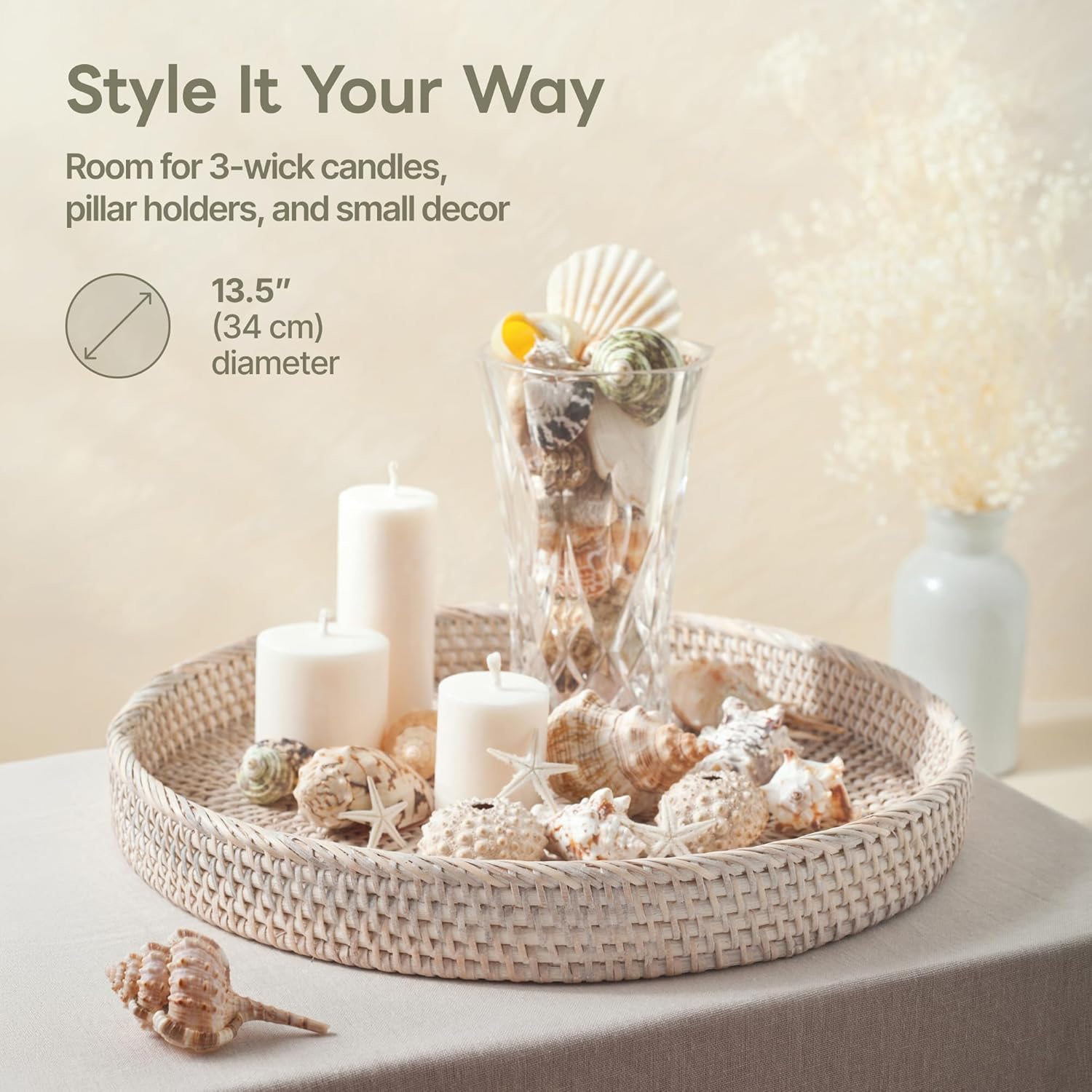 Round Rattan Tray 13.5" — Hand-Woven Wicker Tray for Home Decor (Whitewash)