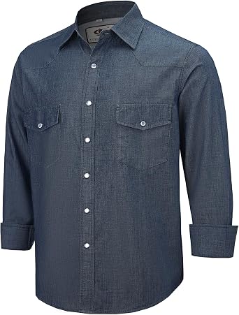 COEVALS CLUB Mens Denim Western Cowboy Work Pearl Snap Button up Long Sleeve Regular Fit Shirts
