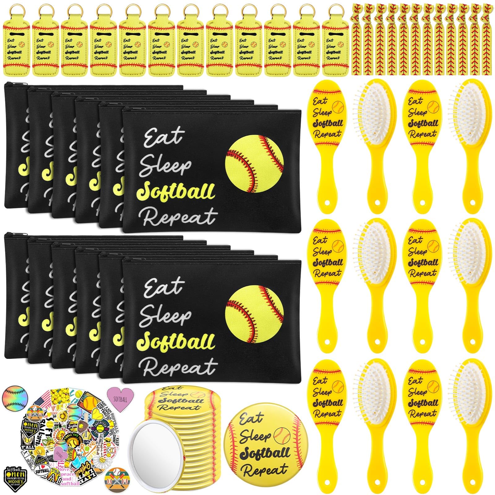Tioncy Juego de 110 piezas de suministros de fiesta de sóftbol, regalos de sóftbol para deportes de equipo, accesorios que incluyen bolsa de cosméticos, soporte para lápiz labial, llavero, espejo