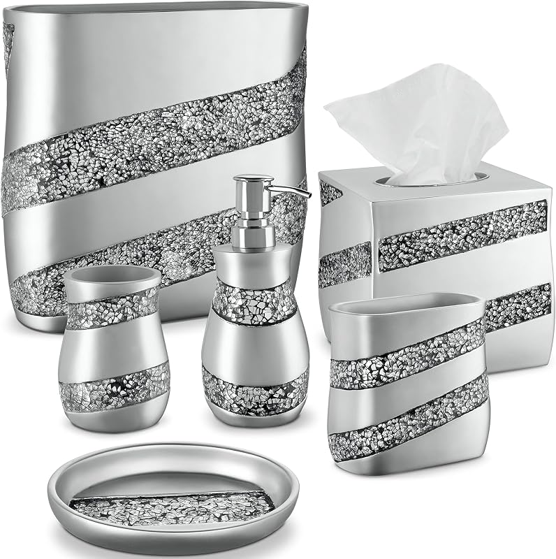 Silver Mosaic 6 Piece Bathroom Accessories Set | Includes Trash can, Tissue Box Cover, Soap Dispenser, Toothbrush Holder, Tumbler Cup & Soap Dish