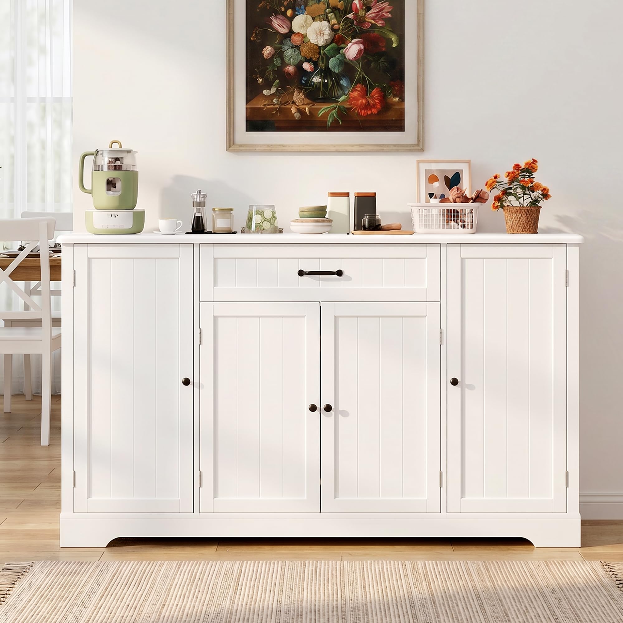 Xbro Sideboard, Küchenschrank mit Arbeitsplatte, Buffetschrank mit Schublade, 4 Türen und integrierten Türablagen, großer Stauraum, Wohnzimmerschrank für Küche und Esszimmer, Weiß