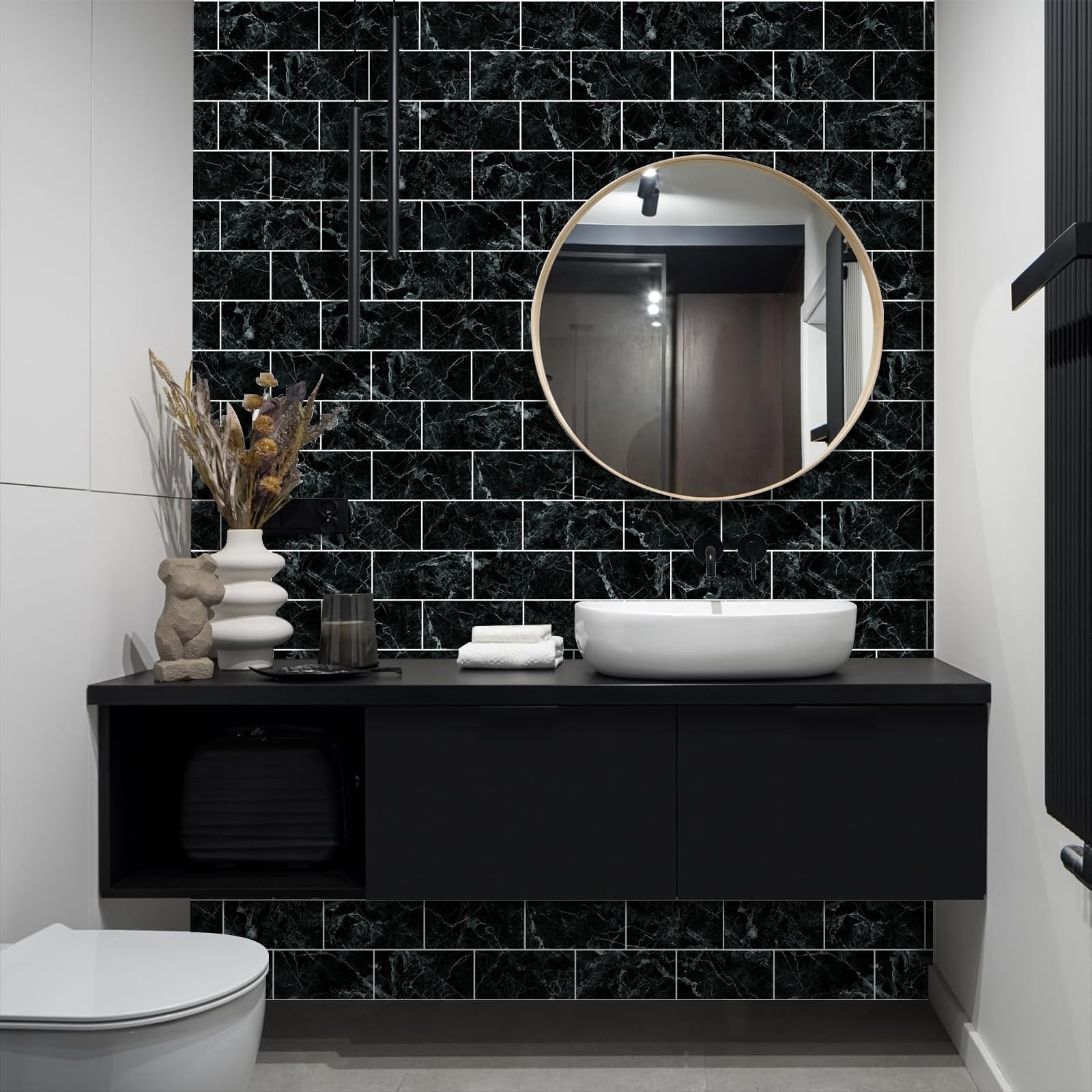 Stylish Tile Stickers Black Marble Texture Sticker PVC Self Adhesive Wall Tiles Waterproof Bathroom Tiles Oil Resistant Kitchen Tiles DIY Tiles Peel and Stick