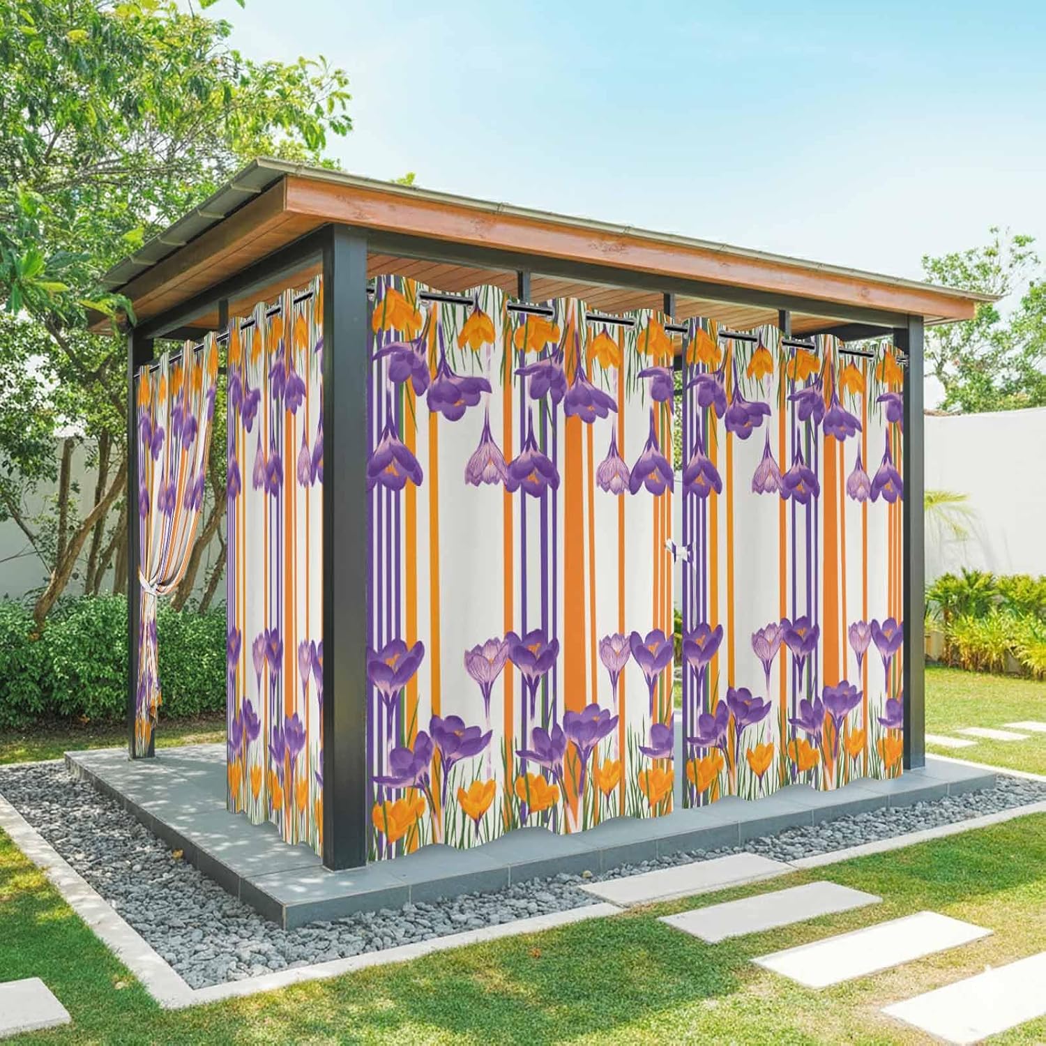 Outdoor Curtains for Patio, Purple Spring Floral Waterproof Blackout Outside Curtain for Porch/Pergola/Gazebo, Thin Line Farmhouse Modern Abstract Art Thermal Insulated Drapes, 1 Panel, 54 x 84 Inch