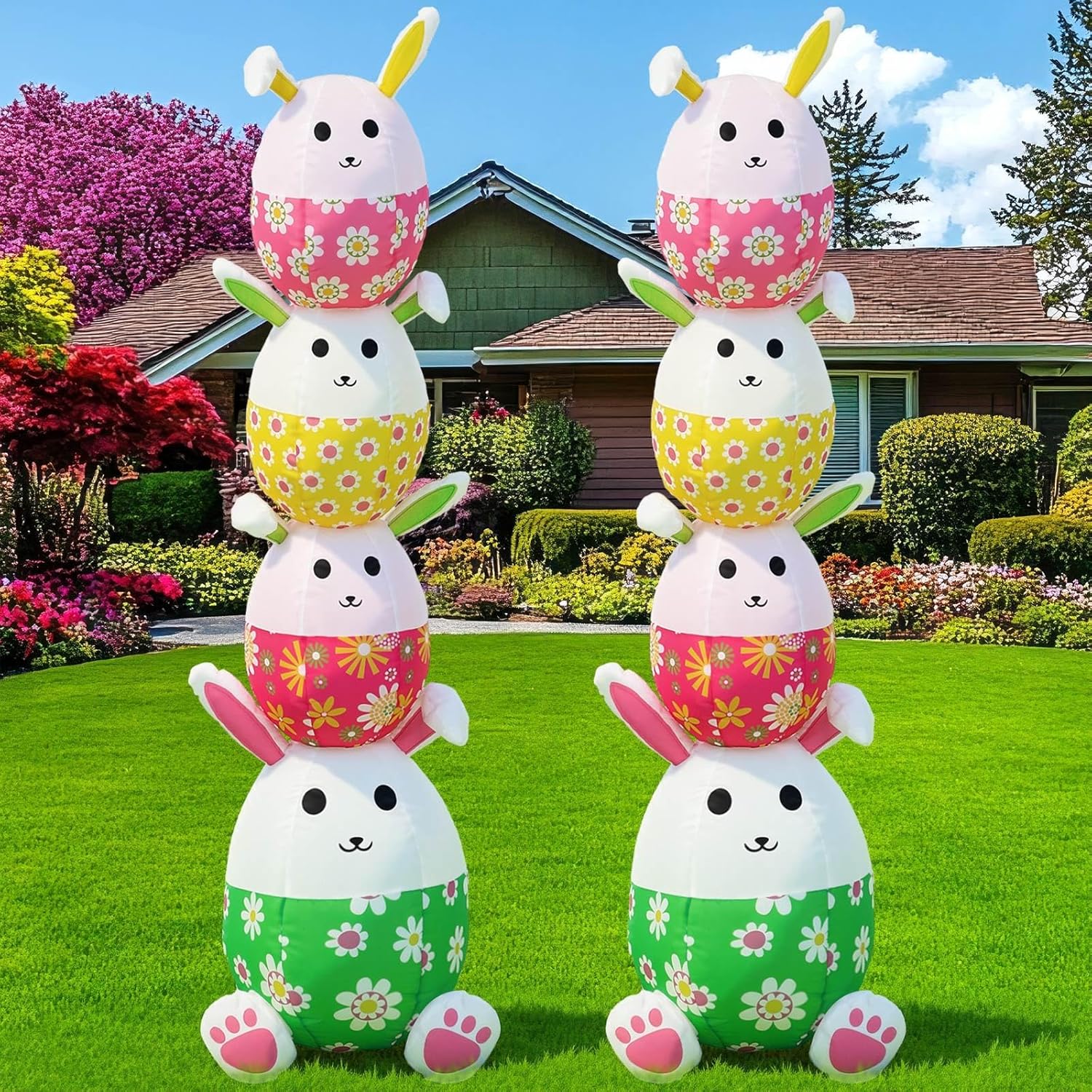 2 Pcs 5ft Easter Inflatable Outdoor Decoration Happy Easter Inflatable Bunny Yard Decoration Built in LED Lights Eggshell Rabbit Blow up Yard Decor for Lawn Garden Holiday Party
