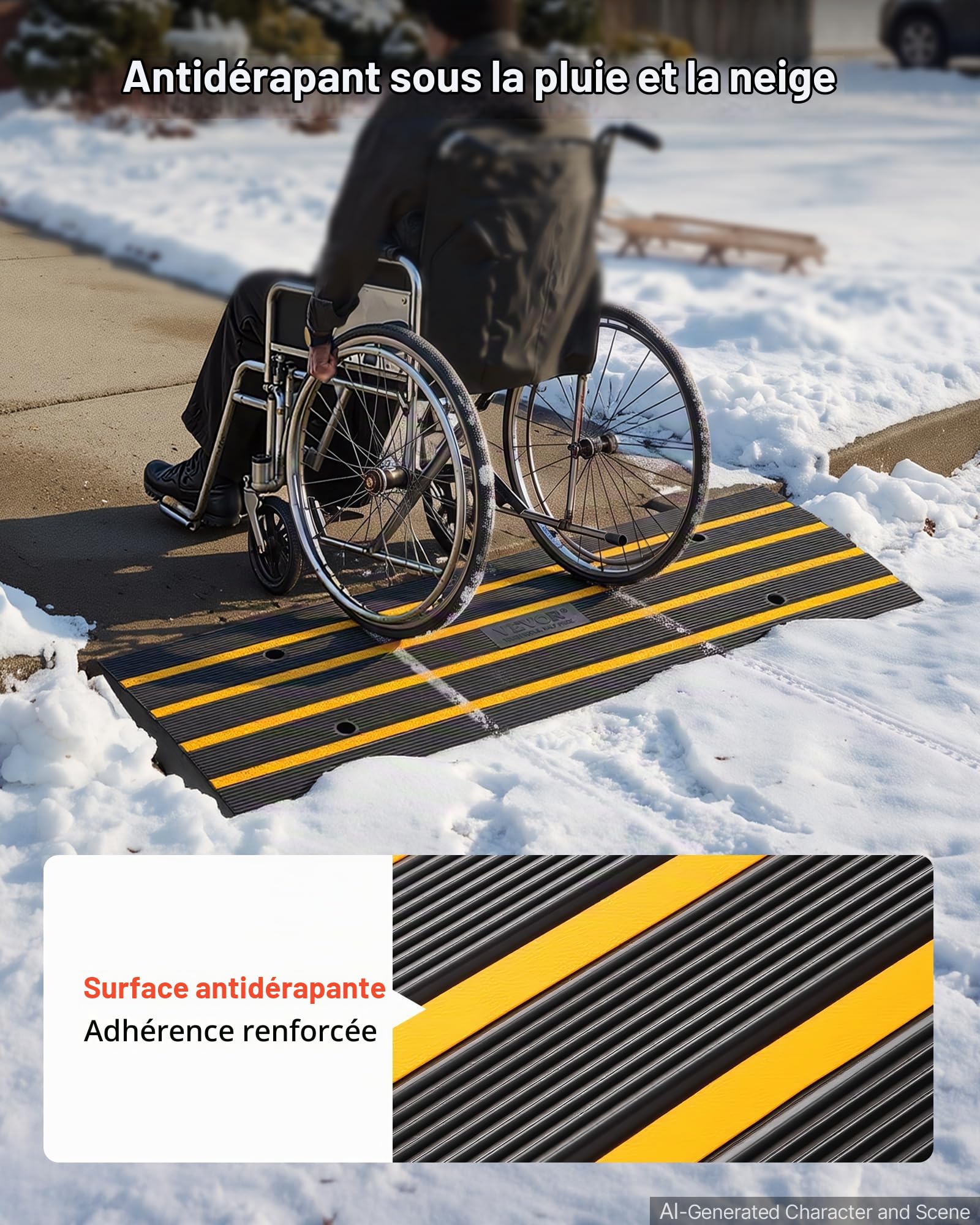 VEVOR Rampe de Seuil Antidérapante pour Fauteuil Roulant - Hauteur 6,5 cm, Capacité 15 tonnes, en Caoutchouc - Extensible pour Quai, Chargement, Garage, Entrée Porte 122x40,5x6,5 cm