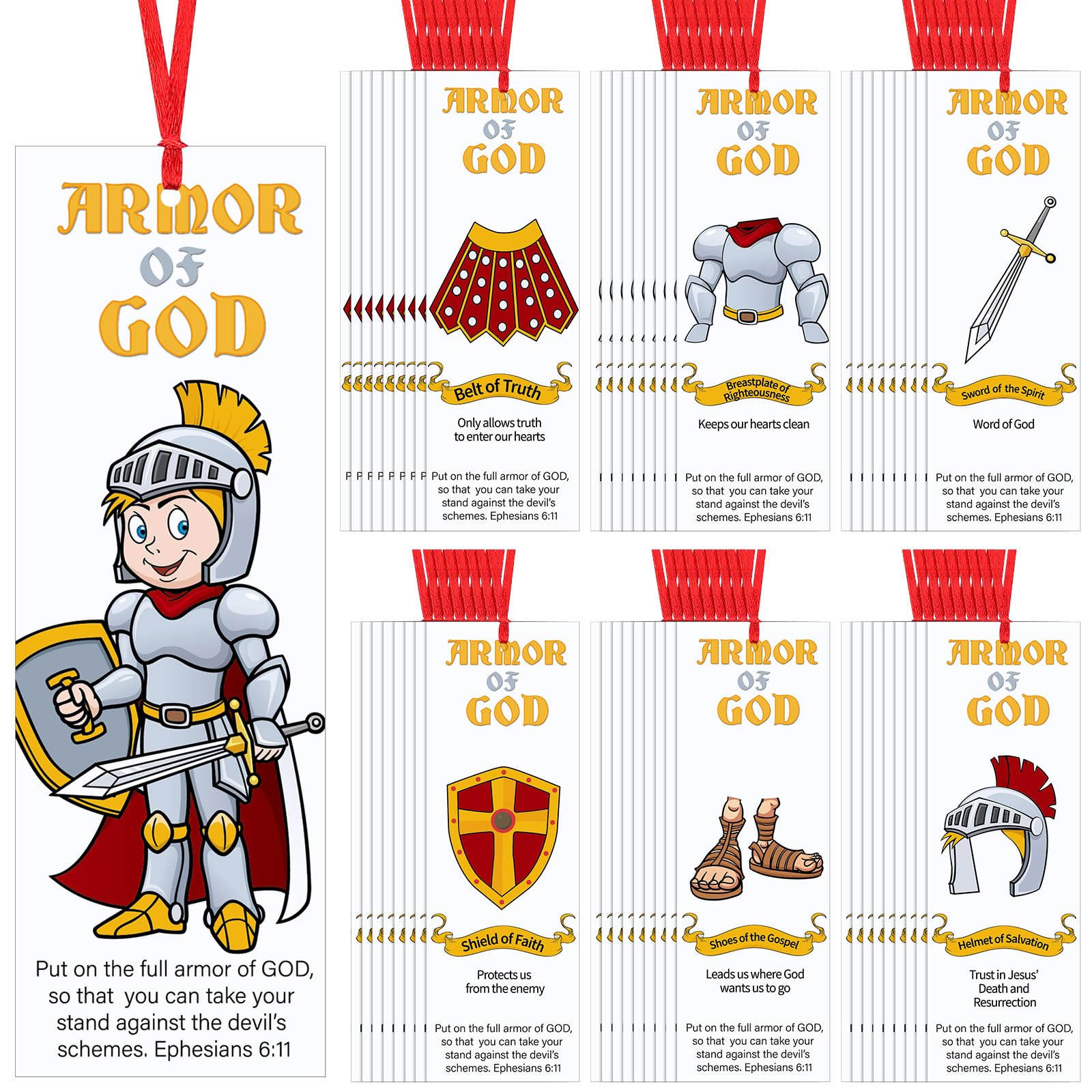 120 Pcs Laminated Armor of God Bookmarks The Full Armor of God Religious Bible Bookmarks Knight Scripture with Ribbon for Kids Sunday School Goodie Bag Fillers