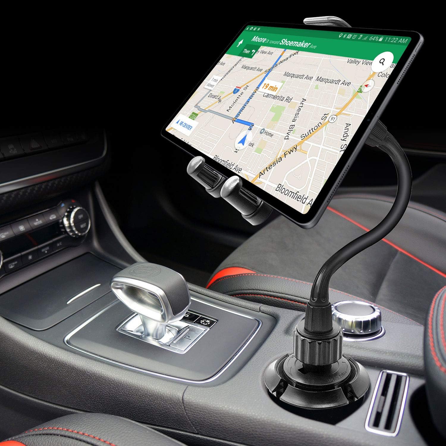 Cellet Tablet Mount with a Cup Holder Base Compatible for Apple iPad Pro 12.9, 11, 10.5, 9.7, Air, Mini, Samsung Galaxy Tab S8 S7 S6 S5 A/E Amazon Kind Fire HD 10 8 Surface Go (Tablet Goose Neck)