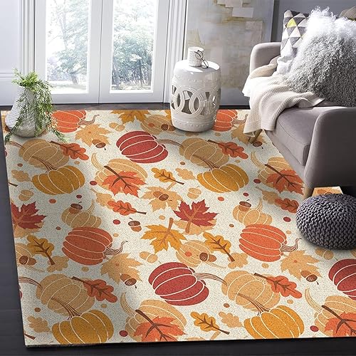 Alfombra de otoño con diseño de hojas de arce otoñal, alfombra para sala de estar de Acción de Gracias, con diseño de calabaza amarilla y marrón,