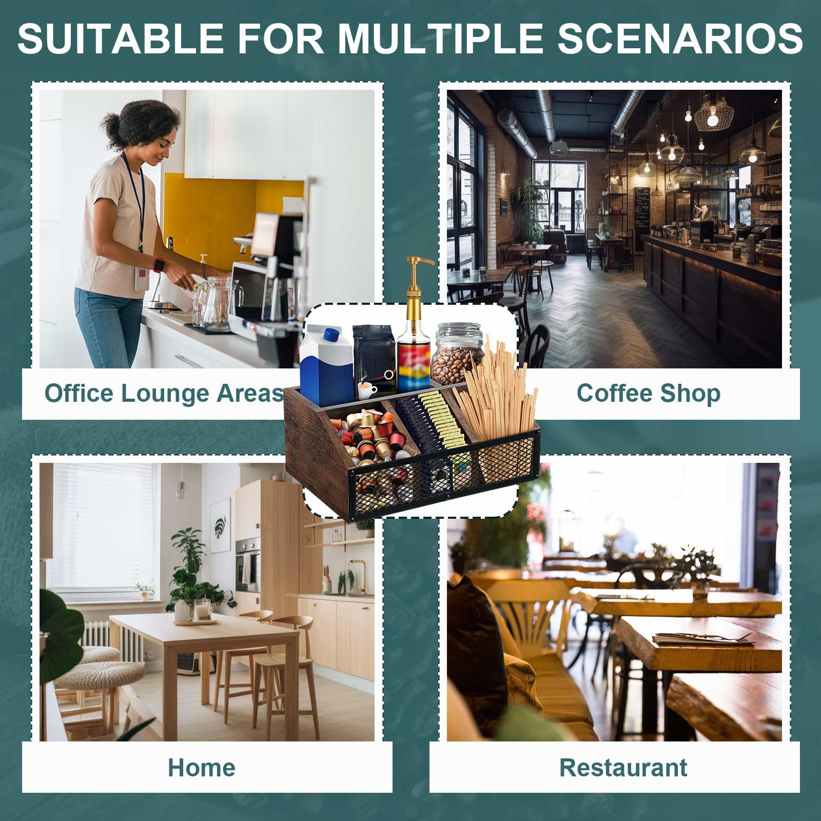 Yalikop Kaffeestation-Organizer, Kaffee-Bar-Halter für Arbeitsplatte, Kaffee und Tee, Gewürzkapseln, Holzkorb, rustikaler Kaffeebar-Organizer mit Eisennetz für Kaffee-Zubehör, Organizer, Dekoration