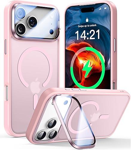 Miniatura 20 de Funda para iPhone 14 Pro de 6.1”, cubierta para cámara con soporte, protector de lente de cámara 9H, compatible con MagSafe, a prueba de golpes de