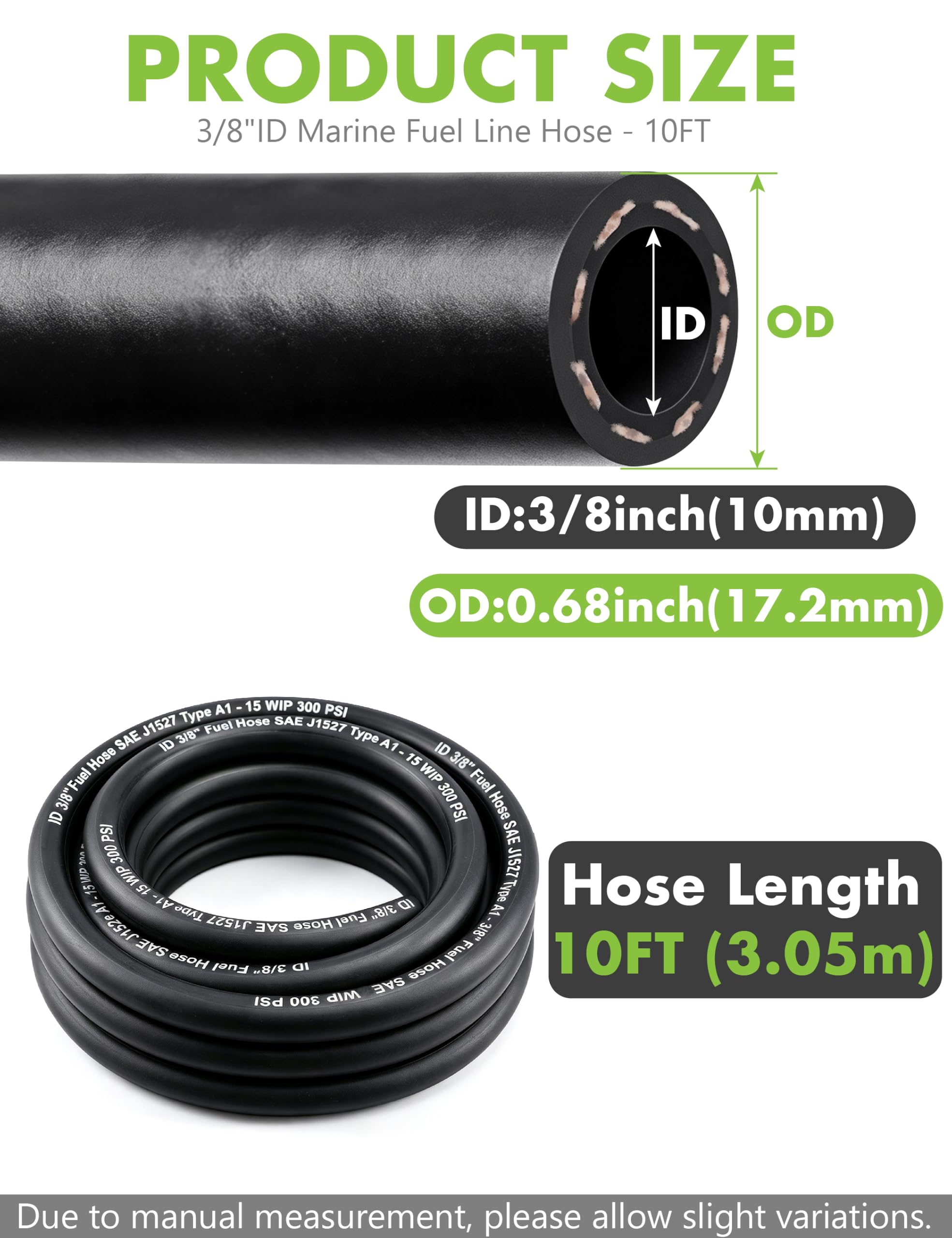 Tubo flessibile per carburante marino da 3/8" - 3 m SAE J1527 tipo A1-15 | Tubo flessibile per carburante marino resistente al fuoco. Funziona con gas, diesel e E85. Kit da 3 m con 10 morsetti. Per
