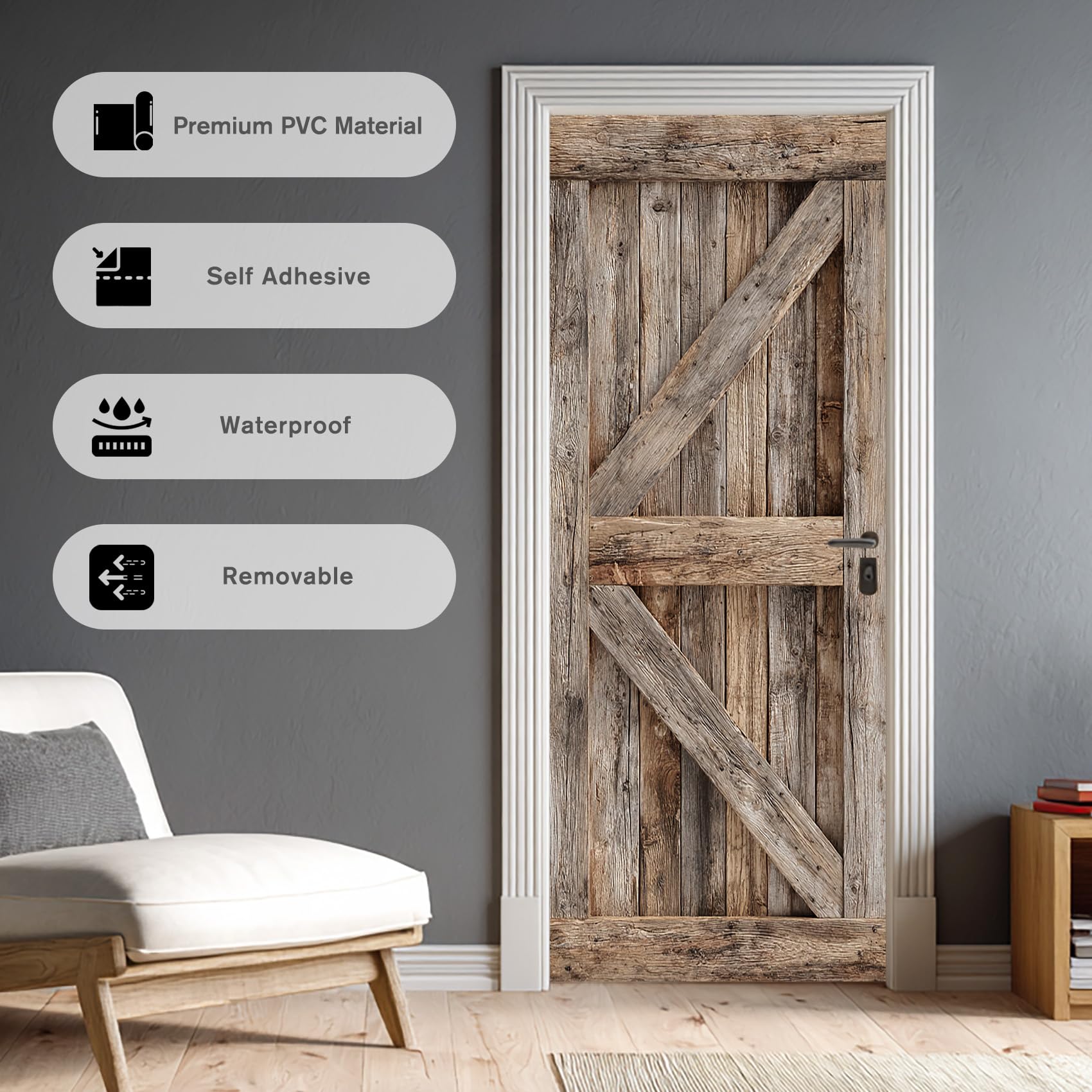 Holzoptik Türtapete Selbstklebend 100x200, 3D Grau Türbilder Türfolie Türposter Türaufkleber Selbstklebende PVC, Türdeko Holzoptik