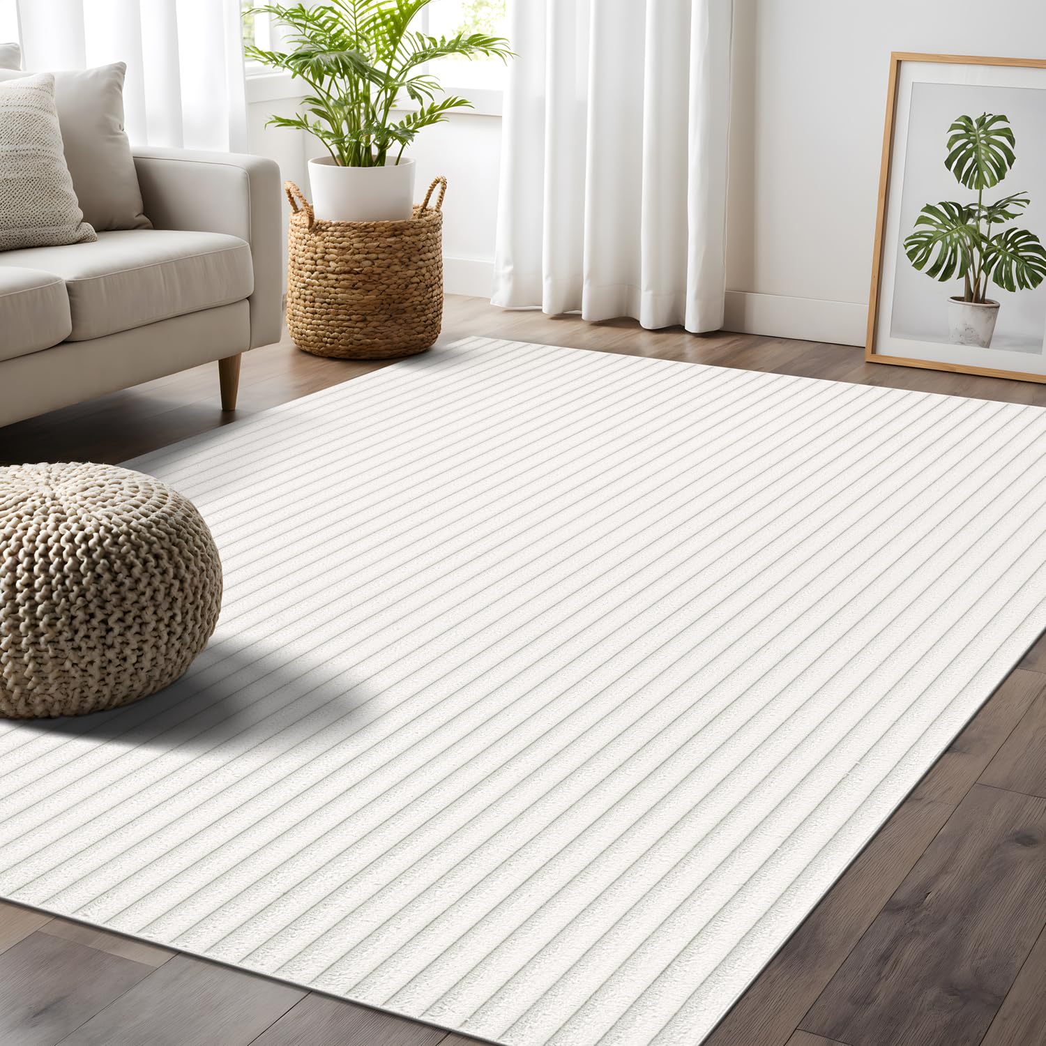 Beverly Rug Non Slip Area Rug 4 x 6 Modern Durable Ultra Soft Ribbed Indoor Rugs for Living Dining Room Office Stain Resistant Non Shedding Casual Easy Shag Indoor Carpet White 4x6 ( Similar to one in stock)