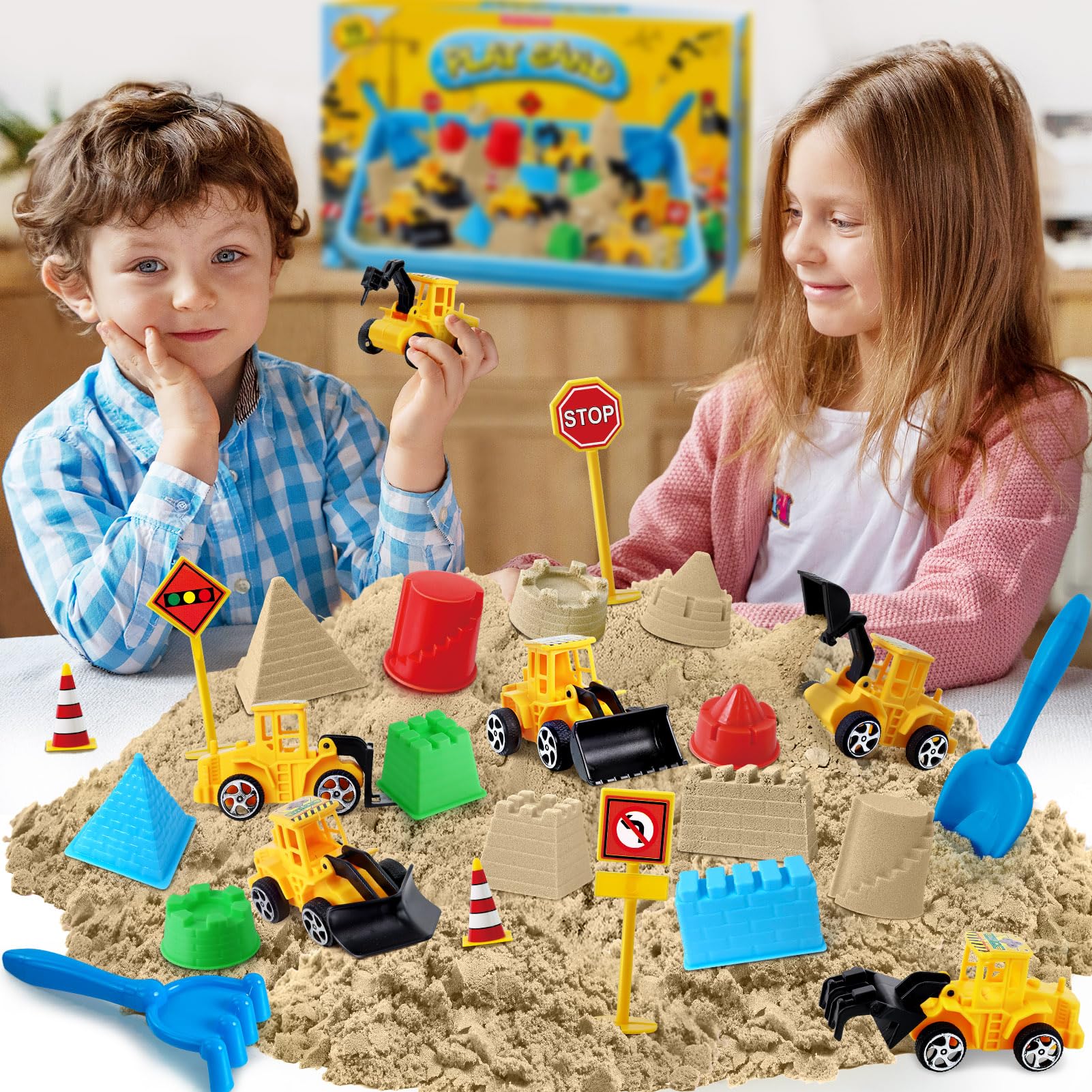 ESSENSON Arena Juguetes Mágica para Niños, Arena Juguete con 6 Vehículos de Construcción y 6 Moldes de Castillo, Regalo Cumpleaños para Niños de 3 a 8 Años