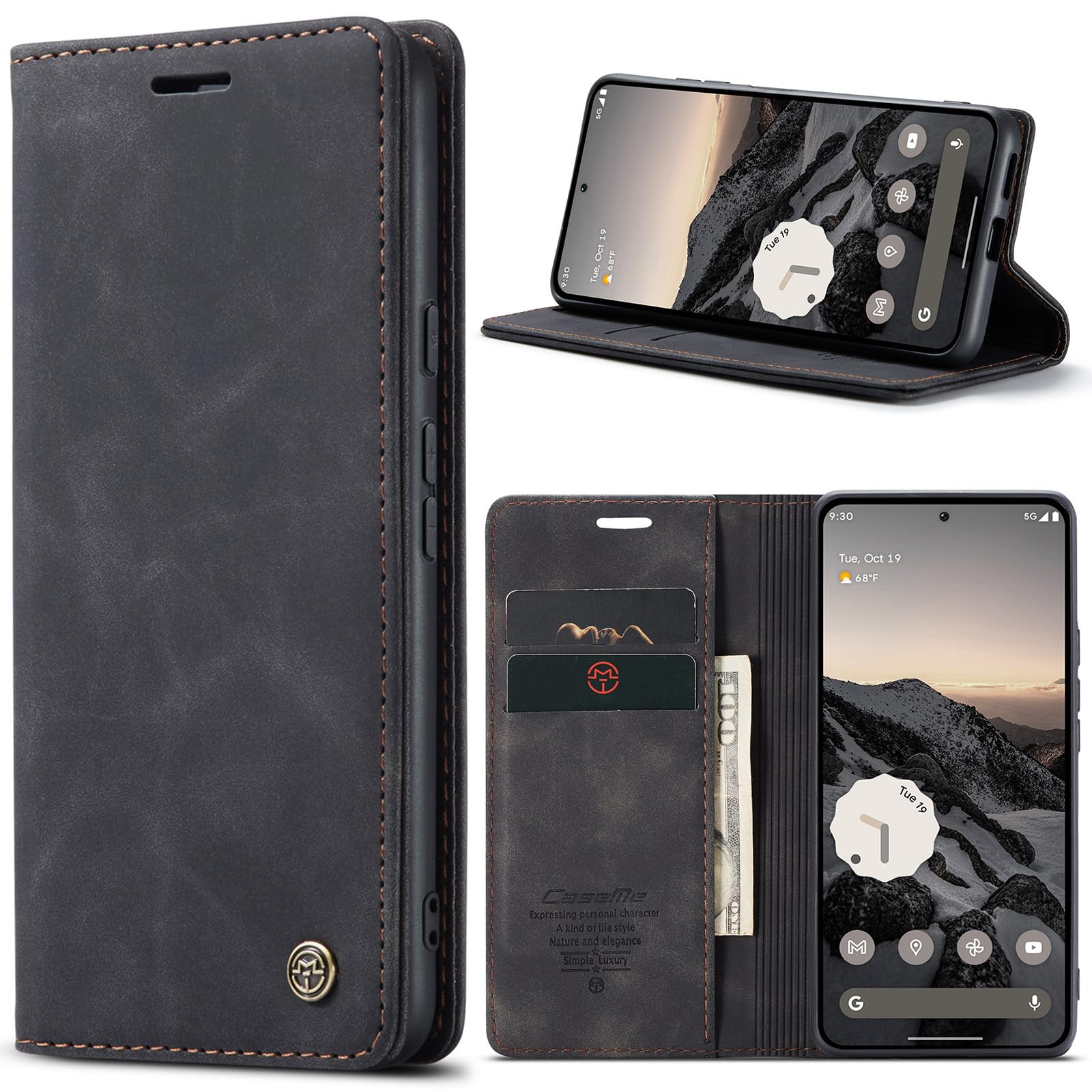 Custodia Portafoglio ESONG Per Google Pixel 9A - Pelle PU, Antiurto, Con Slot, Cerniera, Staffa E Cordino, Nero