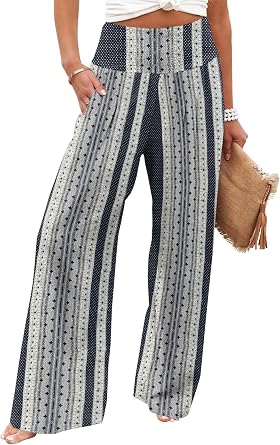 Womens High Waisted Boho Flowy Wide Leg Palazzo Pants with Pockets | Boho beach lounge trousers, lightweight rayon blend, spandex, elastic waist, comfortable, casual summer cute tropical print