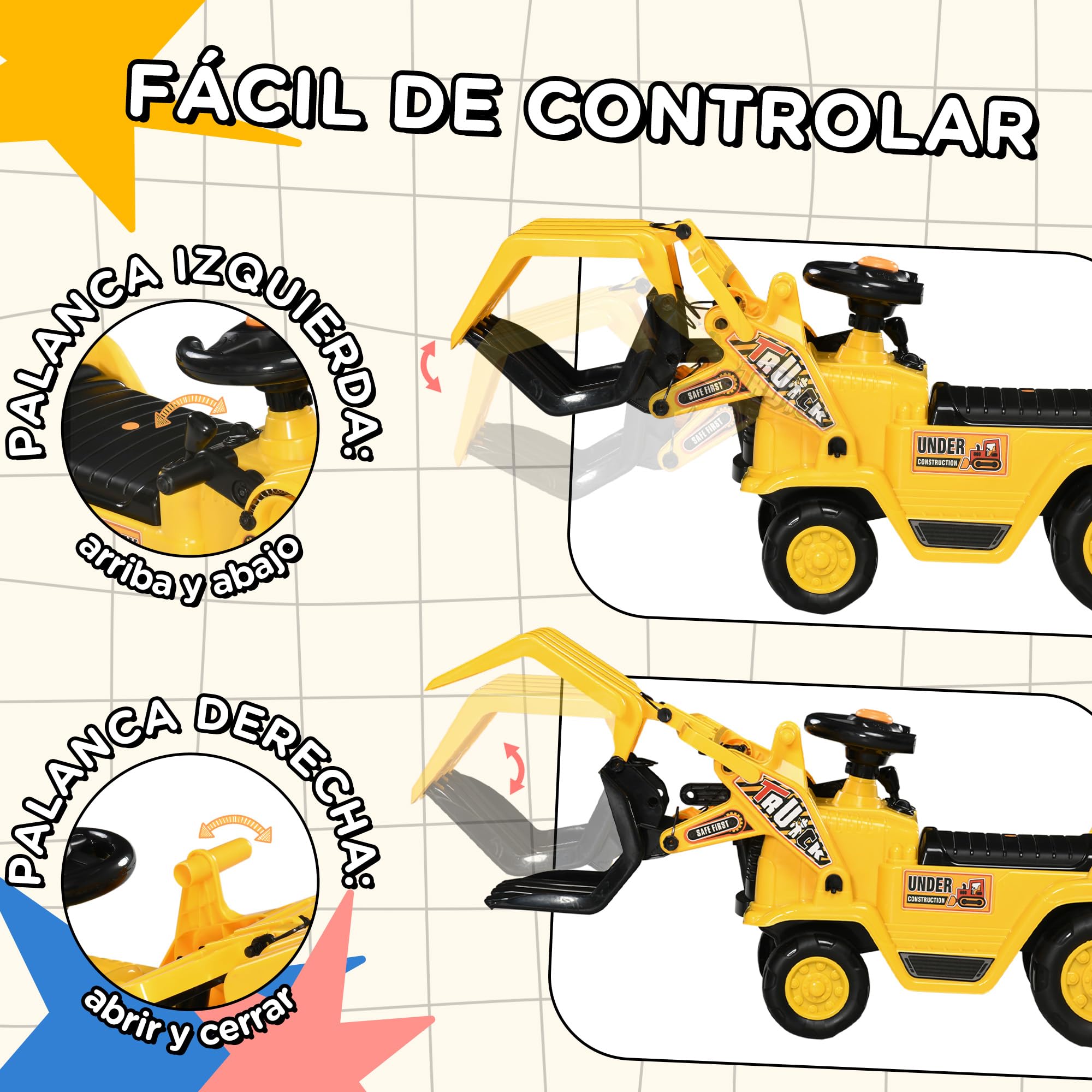 HOMCOM Tractor sin Pedales para Niños de +2 Años Excavadora Correpasillos Tractor Correpasillos con Pala Móvil Asiento de Almacenamiento y Bocina Carga 30 kg 83x27x39 cm Amarillo