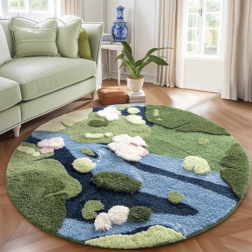Miniatura 1 de YIHOUSE Alfombra redonda moderna de musgo verde hierba, alfombra estética para dormitorio, antideslizante, esponjosa, lavable, para habitación de