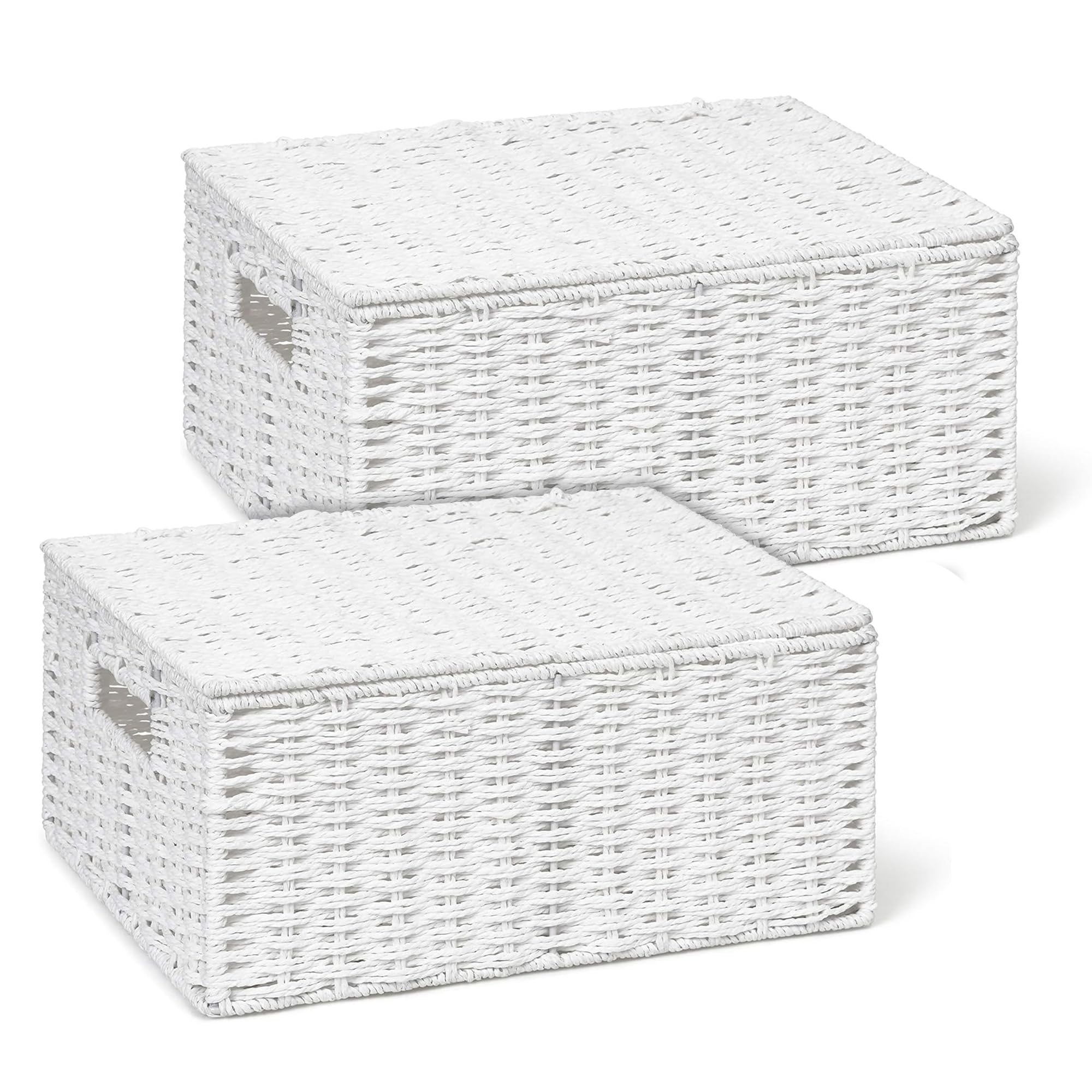 ARPAN 2 x Paper Rope Storage Hamper Basket With Lid - Ideal For Home/Office & Gifts Hamper - White (Large)