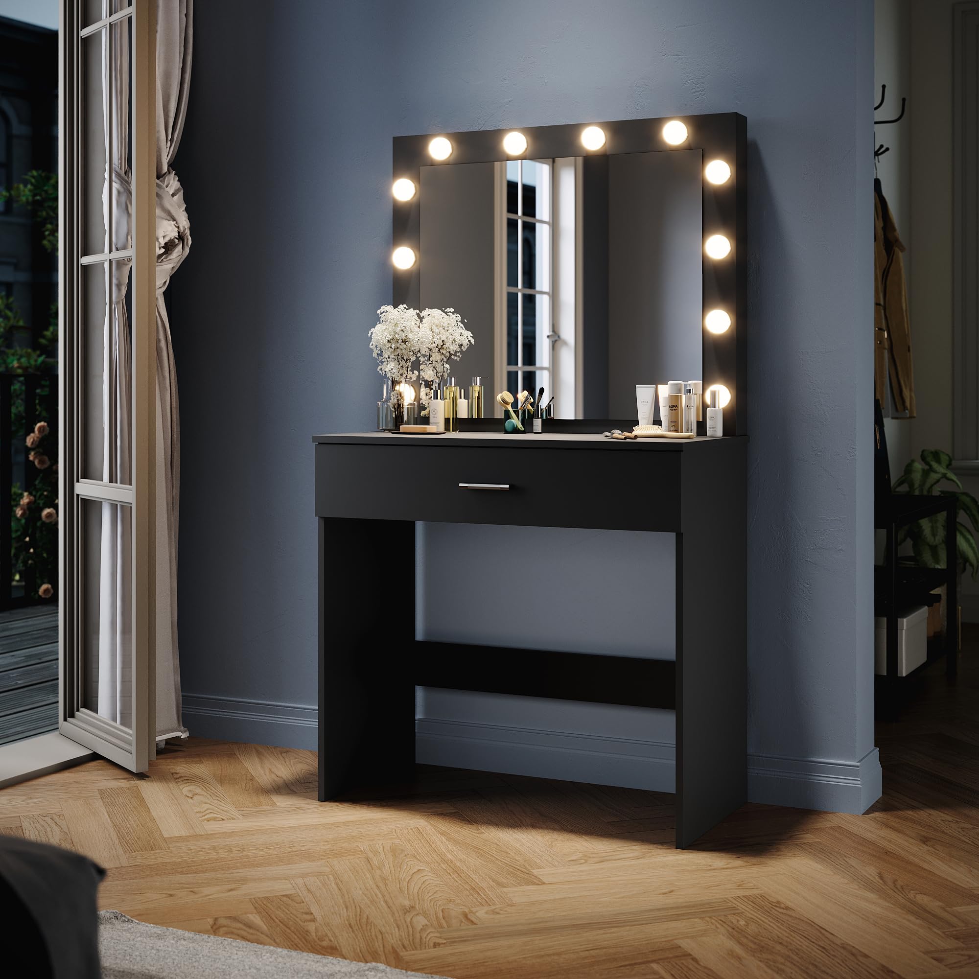 ZANOFIRA Dressing Table with Hollywood LED Lights Mirror, Black Makeup Desk with Dimming & 3 Color Modes, 1 Large Drawers Vanity Makeup Table for Bedroom Girl Women, 80x40x140cm