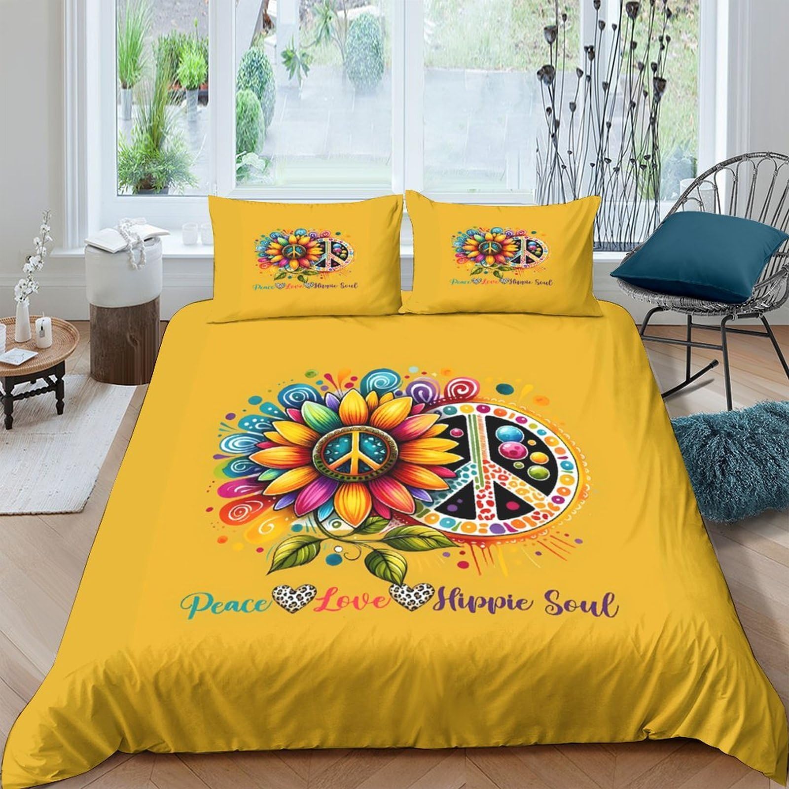 Ctjqhvkz Style-2 3D Printed Sunflower Peace Fitted Sheet Microfiber Yellow Hippie Bed Cover For Bedroom Guest Room Mattress Protection Decor Single（135X200cm）