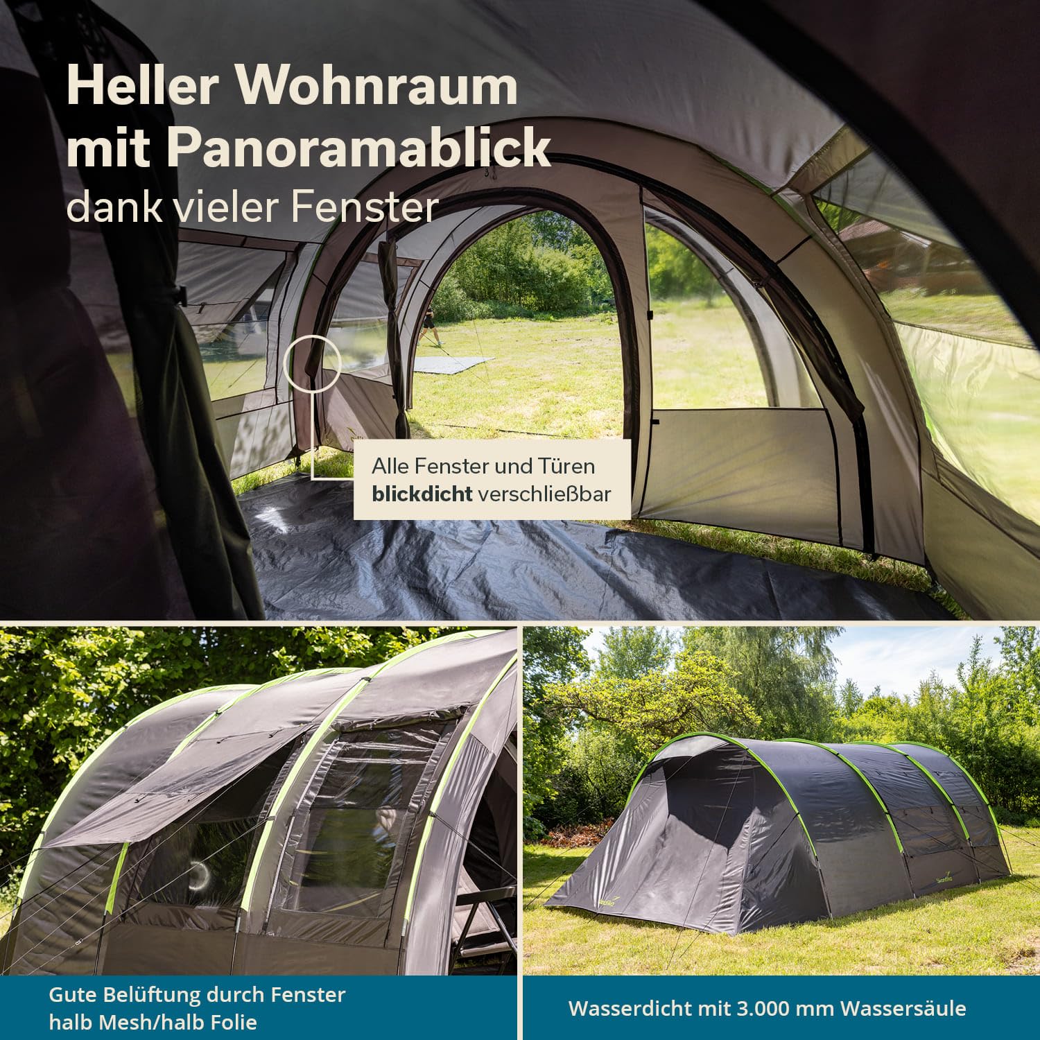 Skandika Tunnelzelt Kemi für 4 Personen | Camping Zelt, 2 Schlafkabinen, 2 m Stehhöhe, wasserfest, 3000 mm Wassersäule, Frontwand versetzbar, Vorzelt | Campingzelt, Familienzelt