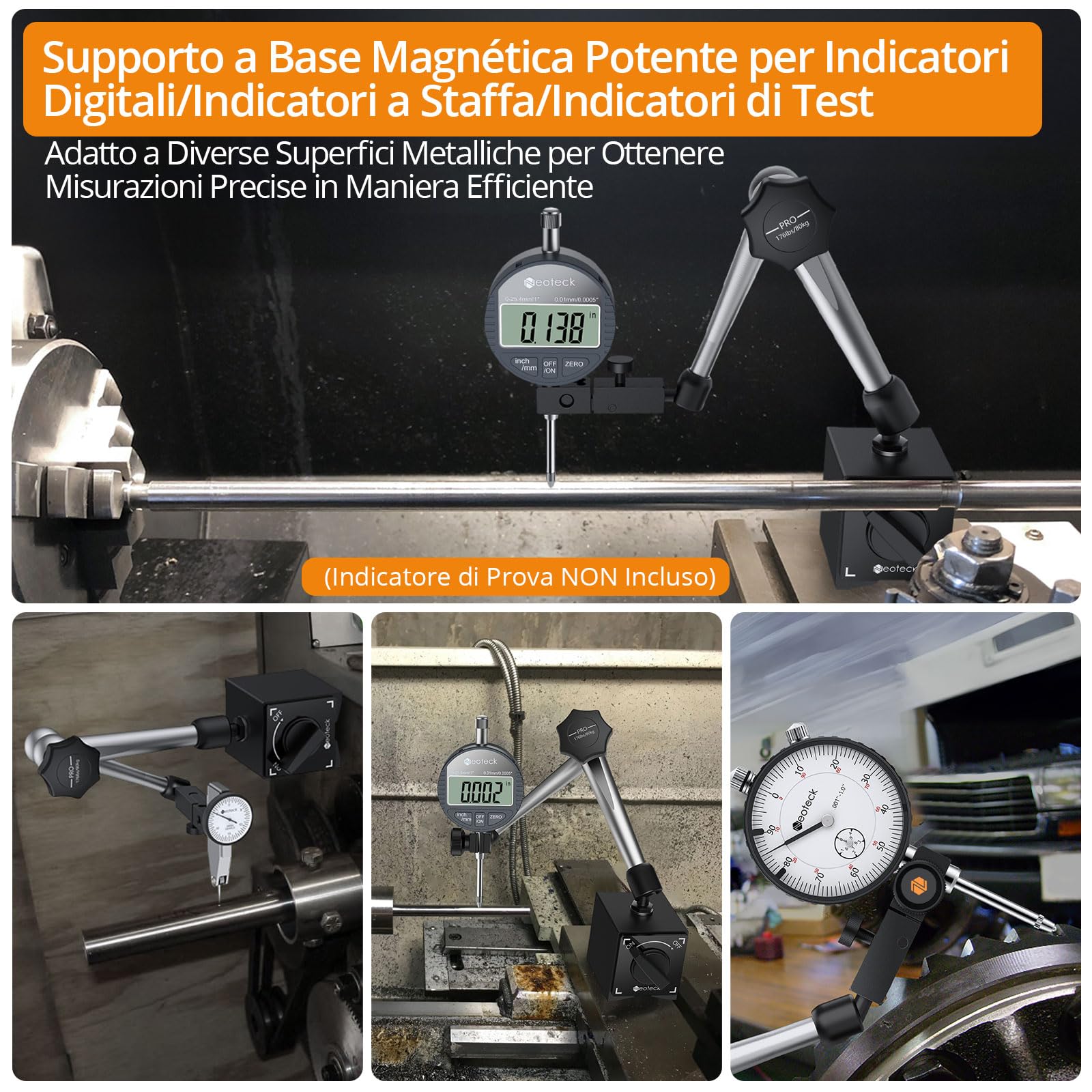 Neoteck Kit Millesimale Professionale: Comparatore Digitale 0.001mm + Base Magnetica 80kg, Indicatore di Precisione 0.001mm con Display LCD, Funzione Zero per Officina CNC