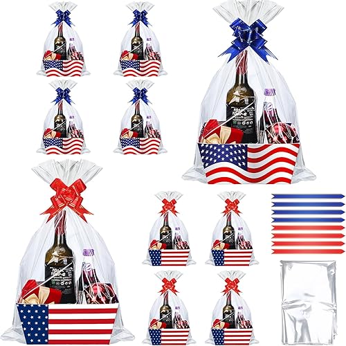 Cholemy El kit de 24 cestas de regalo vacías para el 4 de julio incluye 8 bandejas de papel kraft con bandera estadounidense, 8 bolsas y 8 lazos de