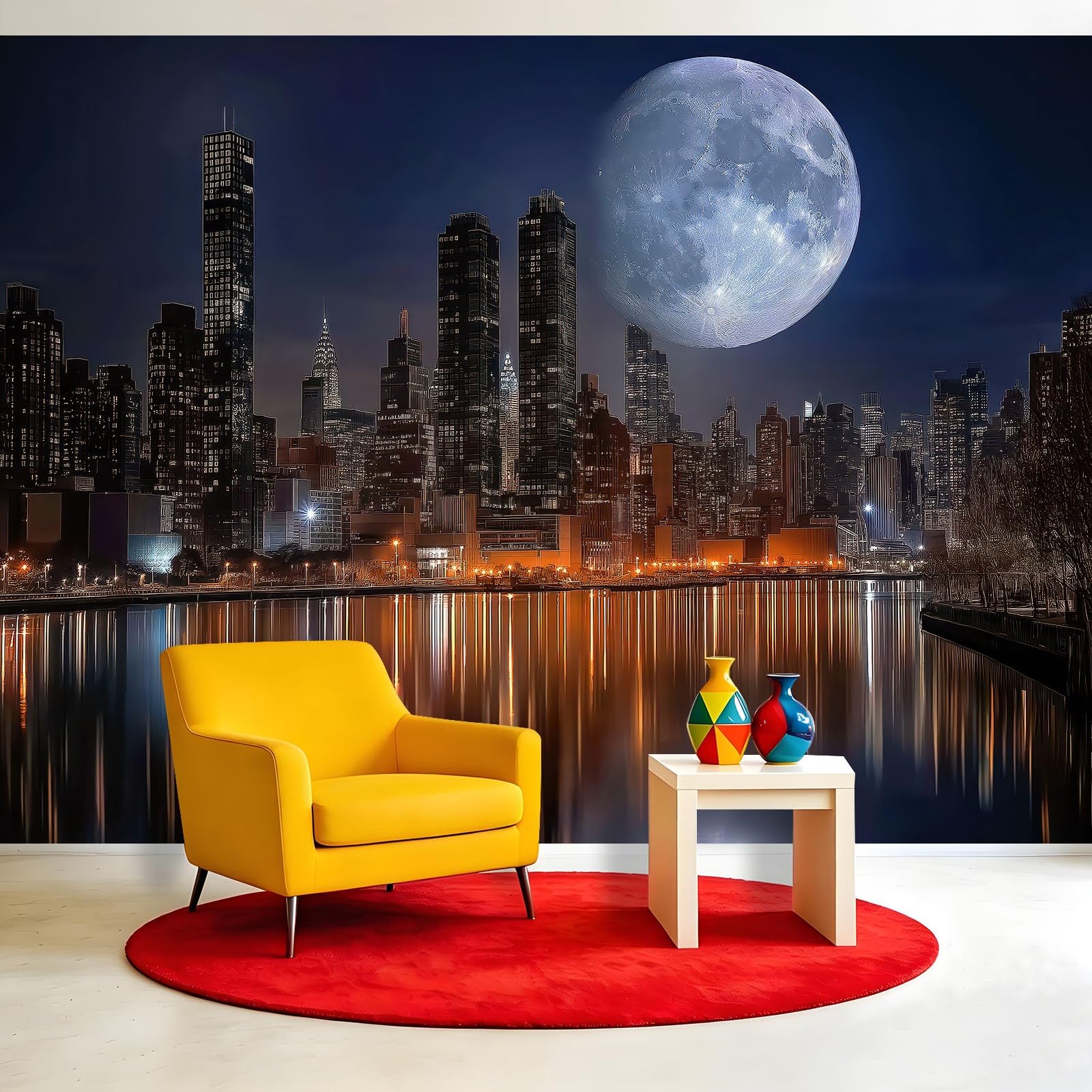 Księżyc Nowy Jork nocna scena fototapeta 200 x 140 cm (szer. x wys.) nowoczesna miejska fototapeta do dekoracji ścian przedszkola, dekoracja salonu i kuchni