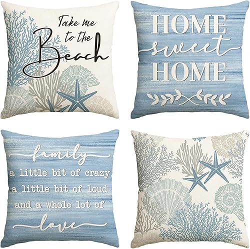 AVOIN colorlife Summer Take Me to The Beach - Juego de 4 fundas de almohada de 16 x 16 pulgadas, diseño de estrella de mar coral con lema azul Home