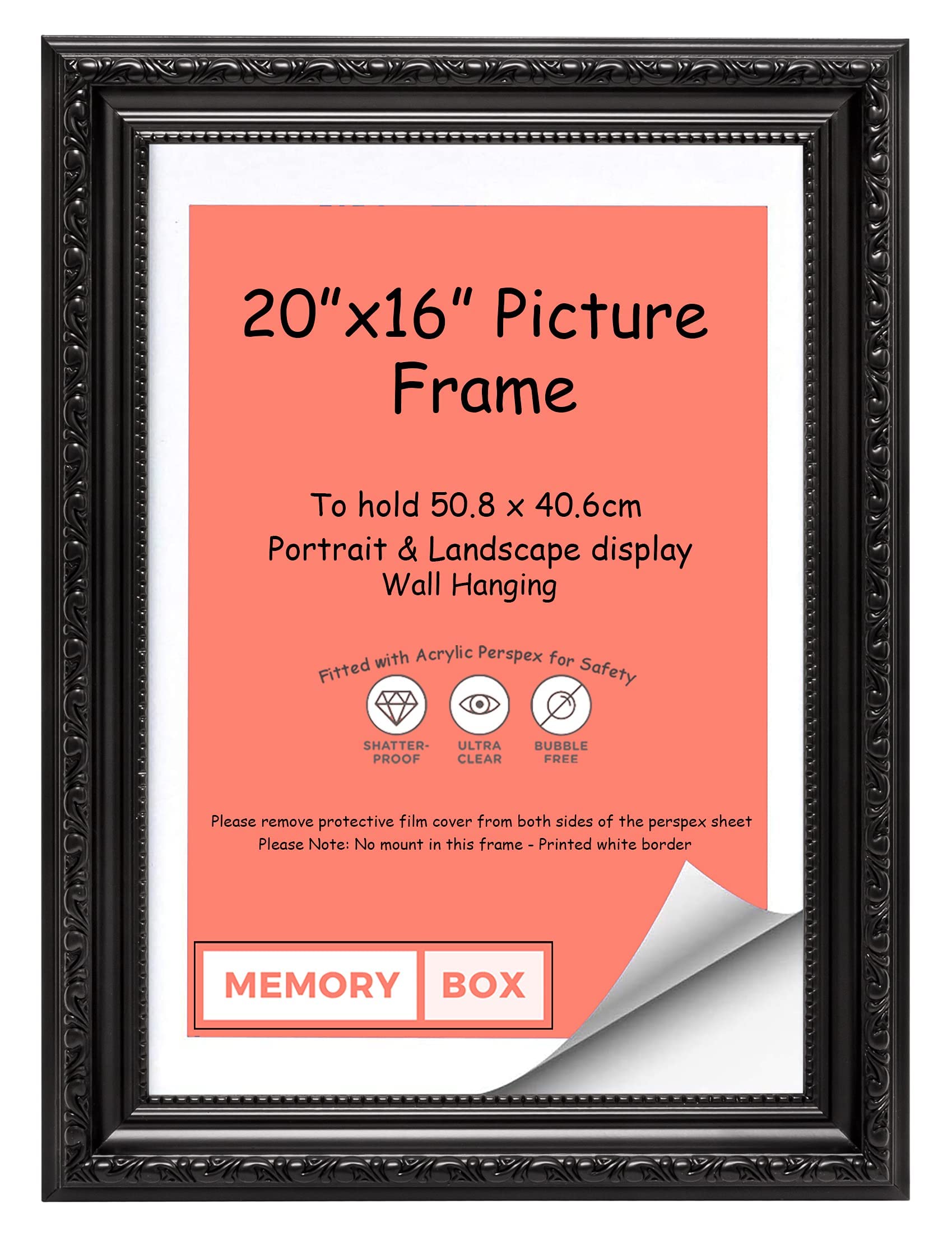 Memory Box Ornate Shabby Chic Picture/Photo/Poster frame with Perspex Sheet - (50.8 x 40.6cm) Black 20" x 16"