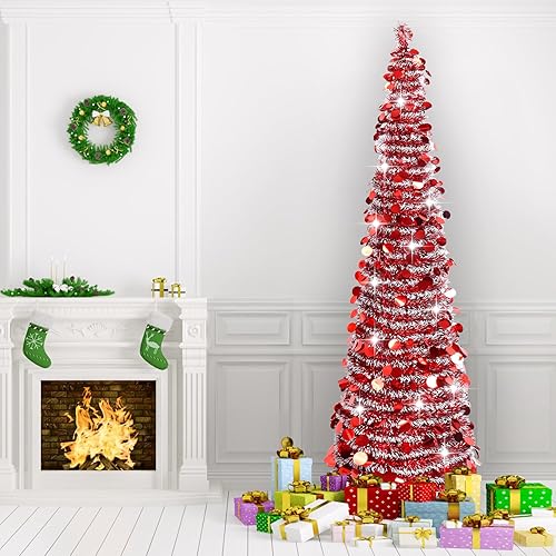 Miniatura 7 de Árbol de Navidad desplegable de 5 pies con lentejuelas coloridas, árbol de Navidad artificial plegable, alto y delgado, árbol de Navidad delgado con