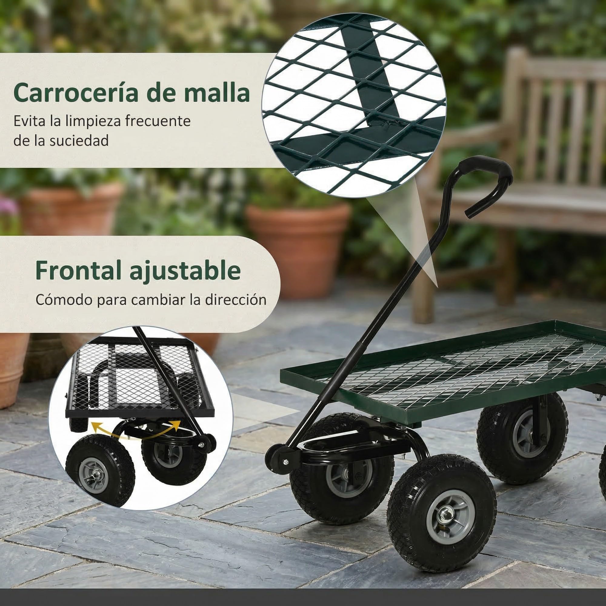 Outsunny Carro de Jardín con Grandes Ruedas Carretilla de Mano con Mango Ergonómico y Estructura de Acero para Transporte de Camping Exterior, Capacidad 150 kg, Negro y Verde