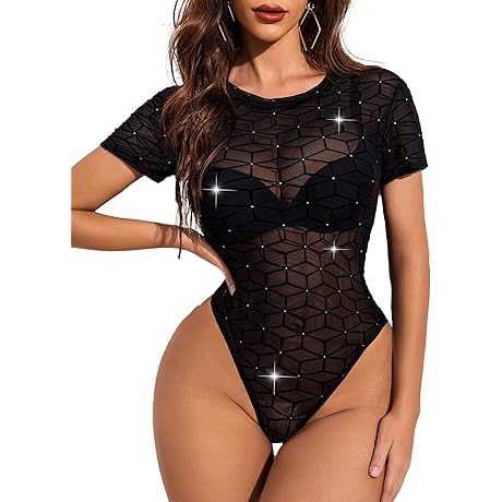 Womens Sheer Mesh Bodysuit Black Long Sleeve Button Sexy Jumpsuit Leotard Bodysuit