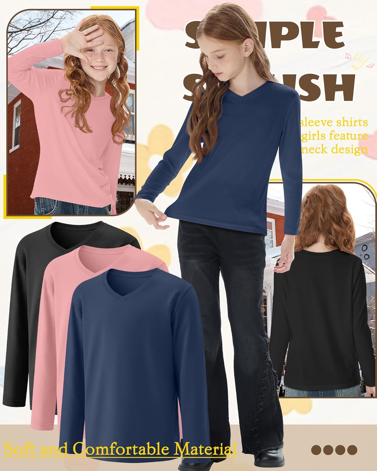 3 Pack Girl's Long Sleeve Shirts, Soft V Neck Kids Tops Fall Loose Fit Basic Tee Casual T Shirts for 3-16 Years - Image 3