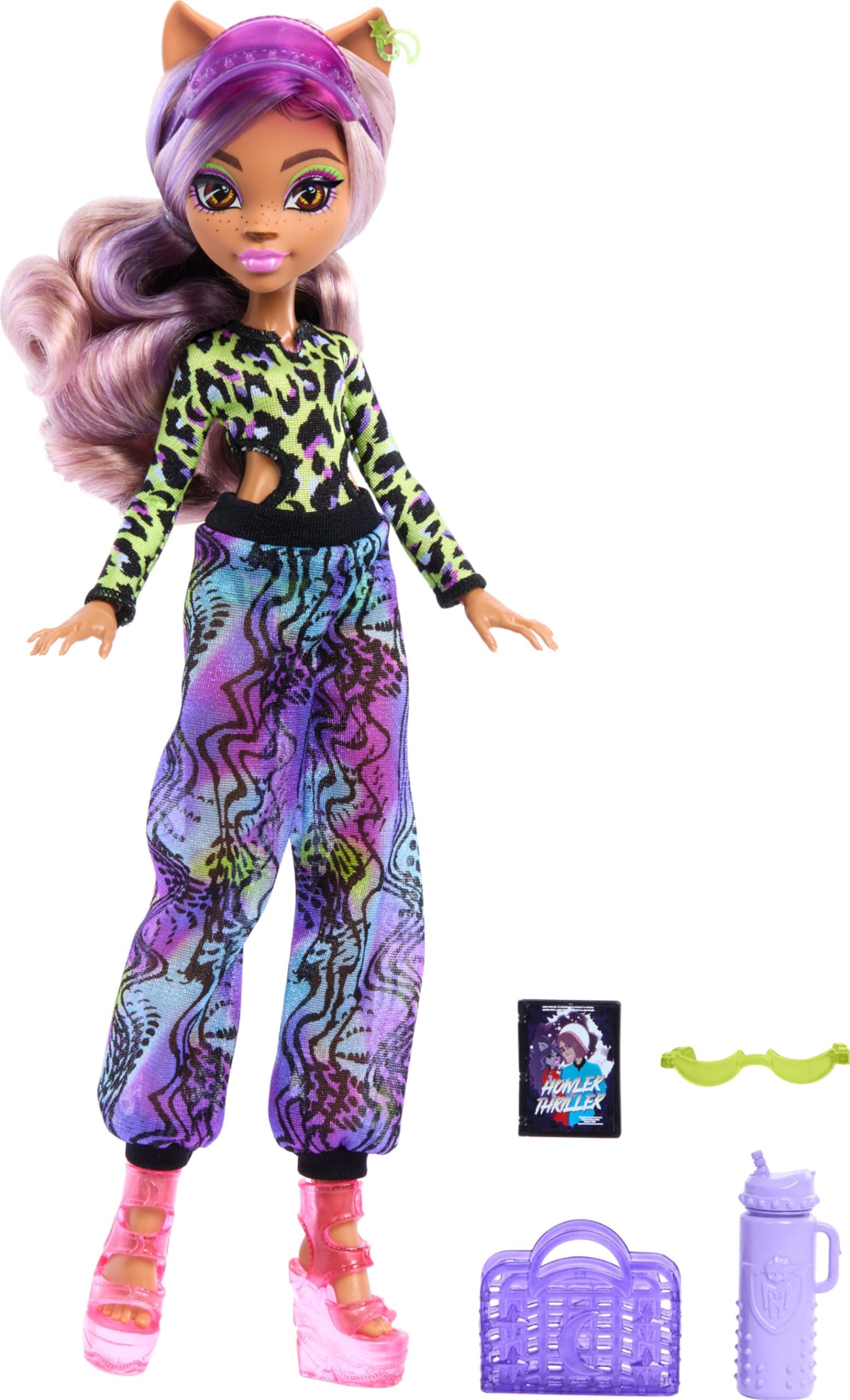 Scare-adise Island Clawdeen Wolf Doll with Swimsuit, Joggers & Beach Accessories Like Visor, Water Bottle, & Book